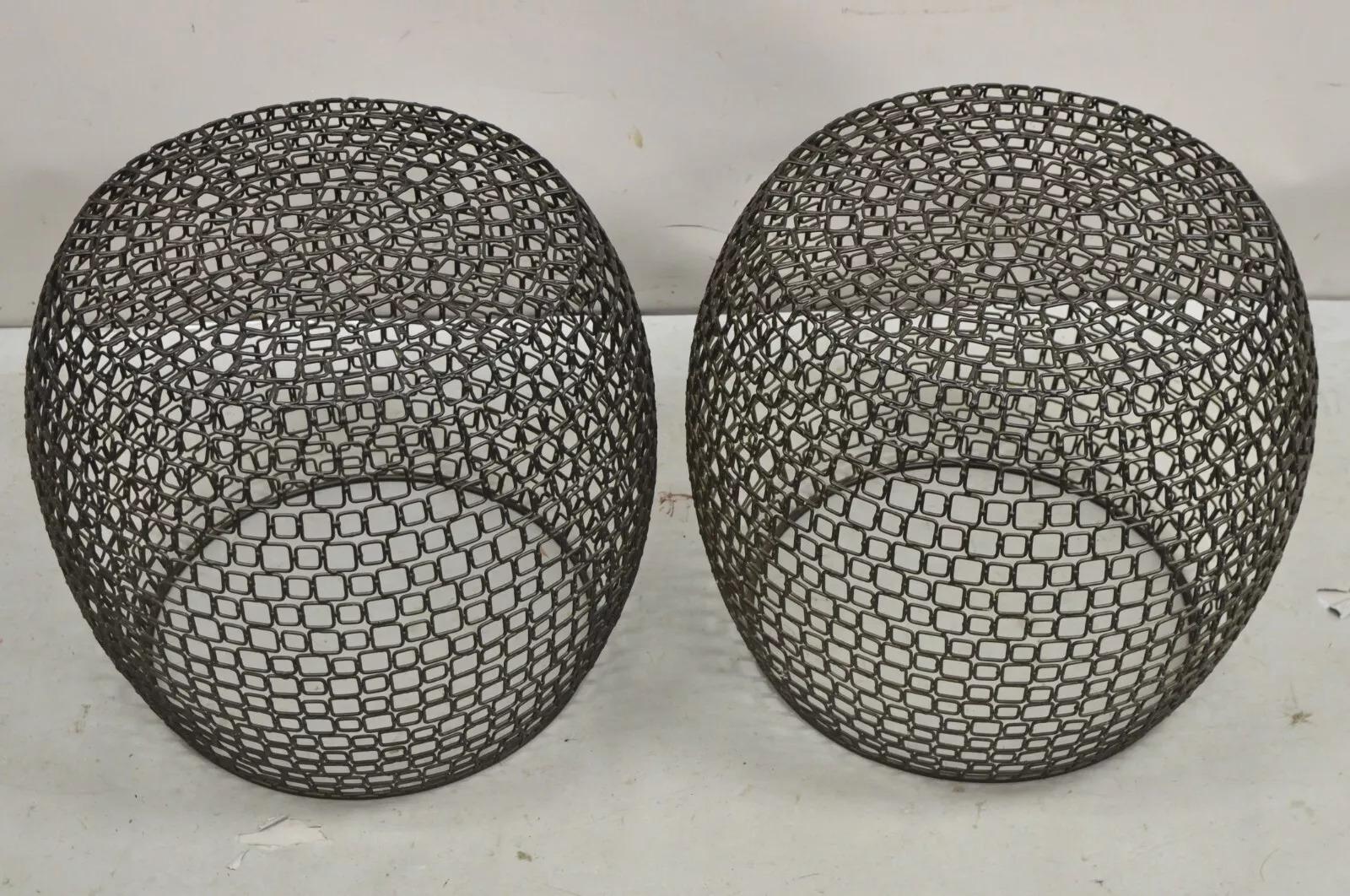 Unknown Modernist Mesh Wire Side End Table Basket Accent Stool - a Pair For Sale