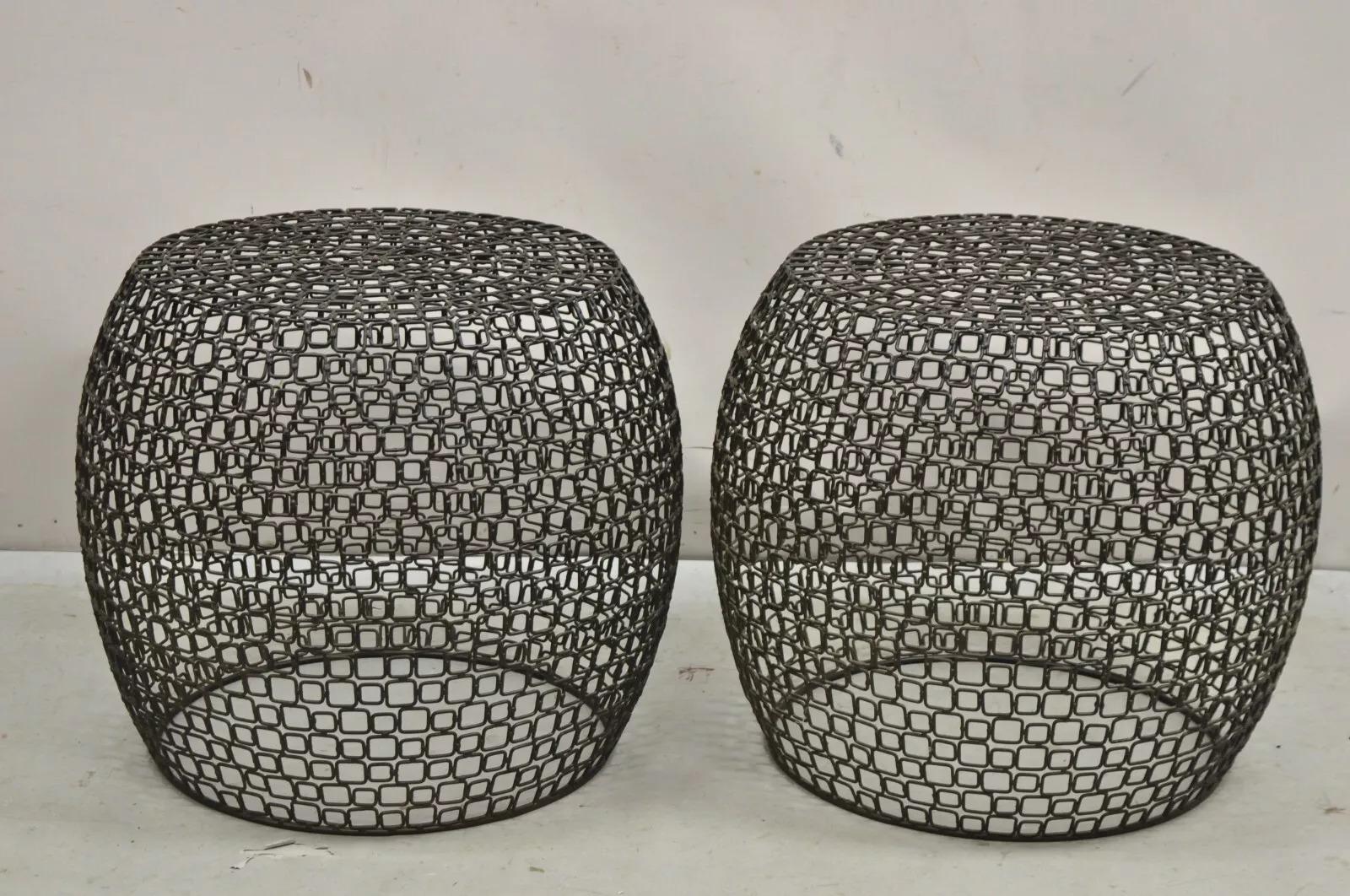 Contemporary Modernist Mesh Wire Side End Table Basket Accent Stool - a Pair For Sale