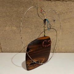 Modernist Metal Art Wire Sculpture Abstract Face on Exotic Wood Base