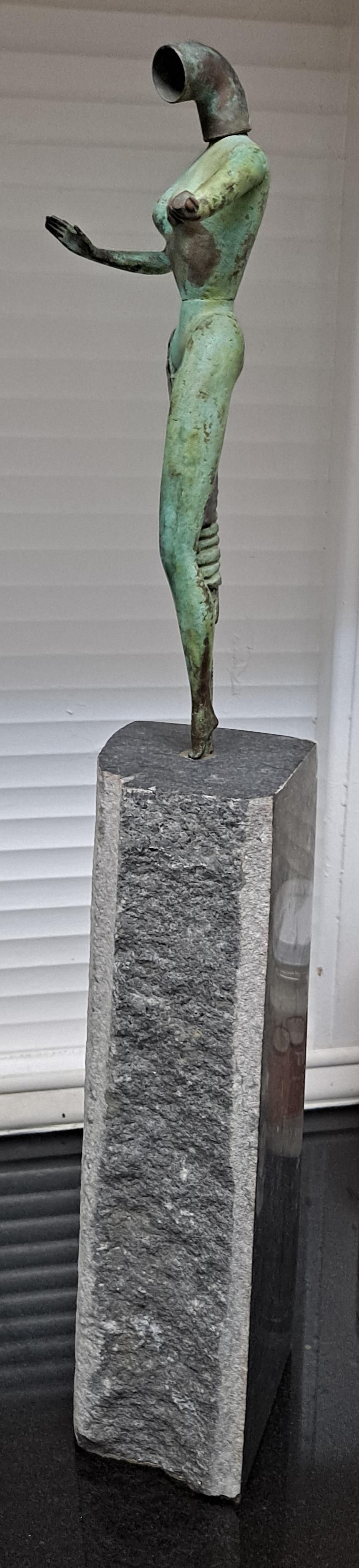 Late 20th Century Modernist Metal Sculpture of a Female Form Fixed on a Tower of Granite For Sale