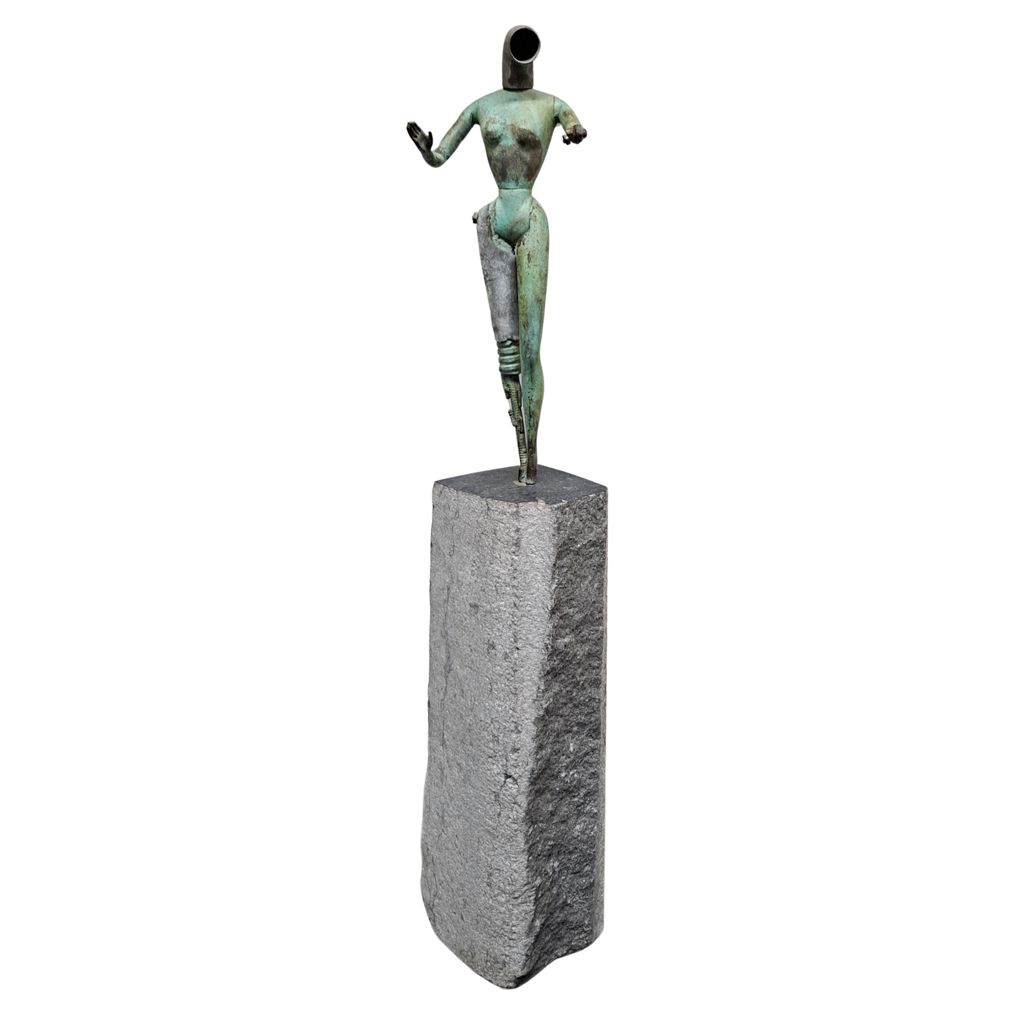 Modernist Metal Sculpture of a Female Form Fixed on a Tower of Granite For Sale