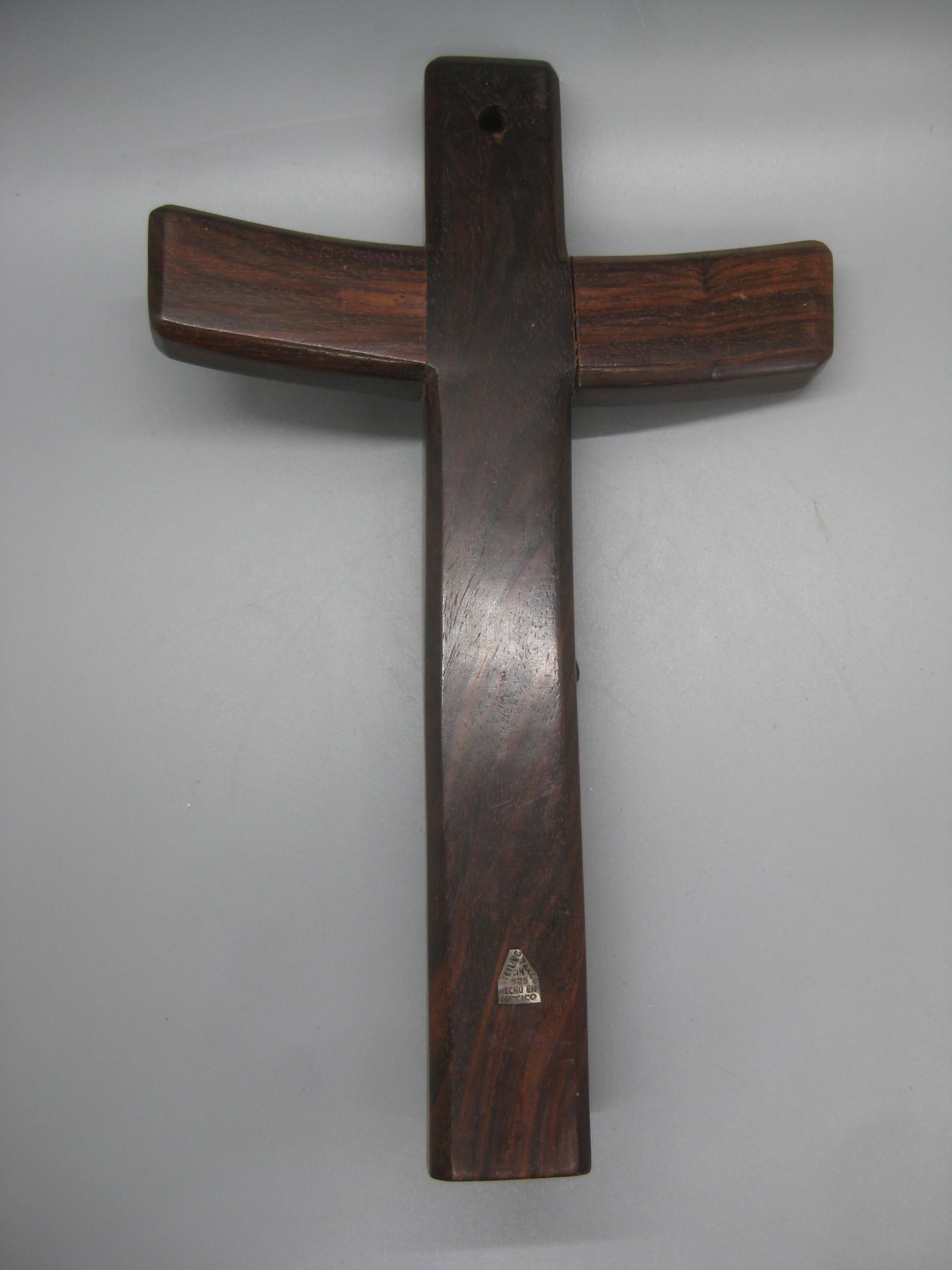 Modernist Mexican Taxco Sterling Silver Rosewood Crucifix Cross Sculpture Mexico For Sale 5