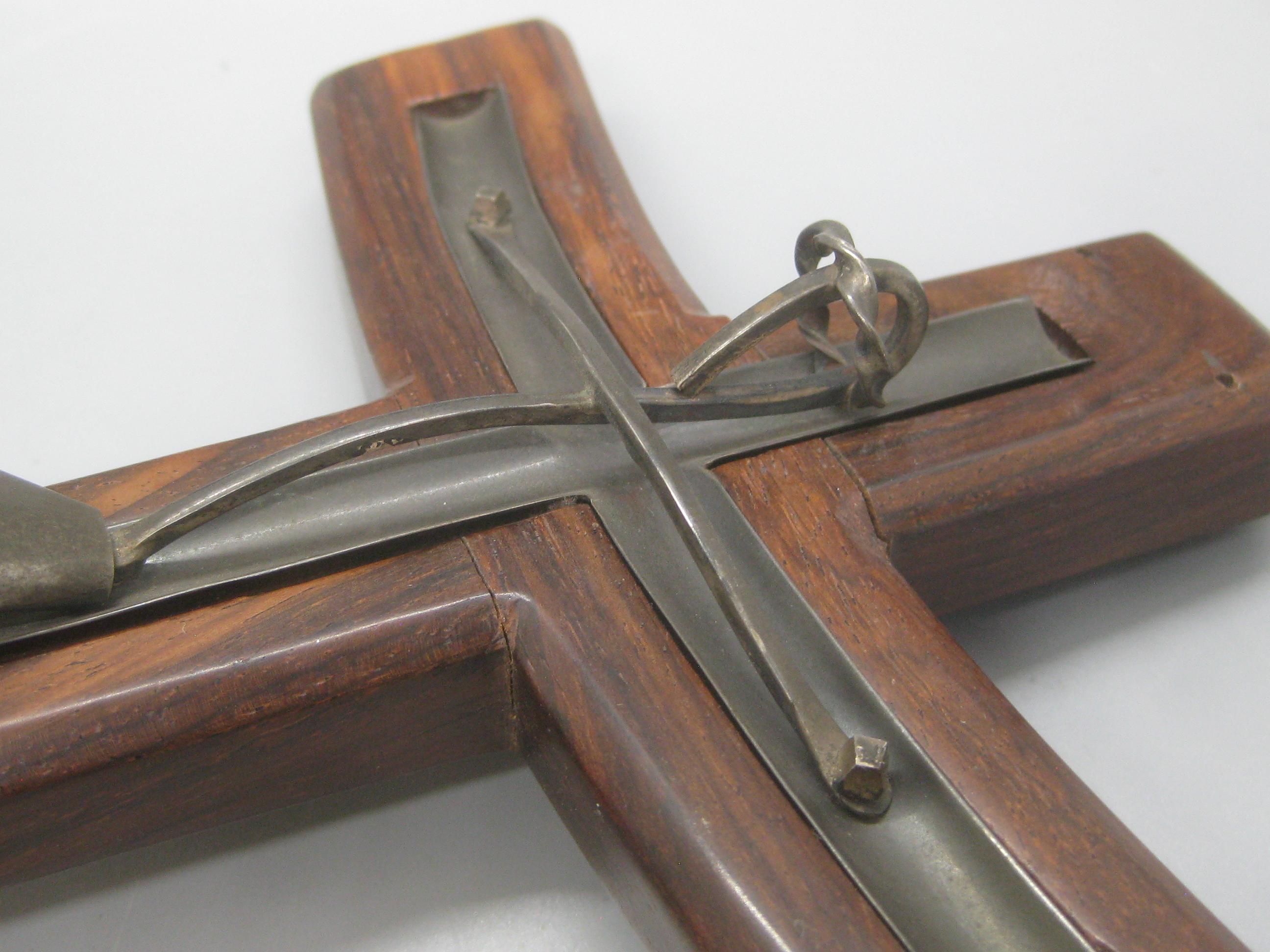 Modernist Mexican Taxco Sterling Silver Rosewood Crucifix Cross Sculpture Mexico For Sale 1