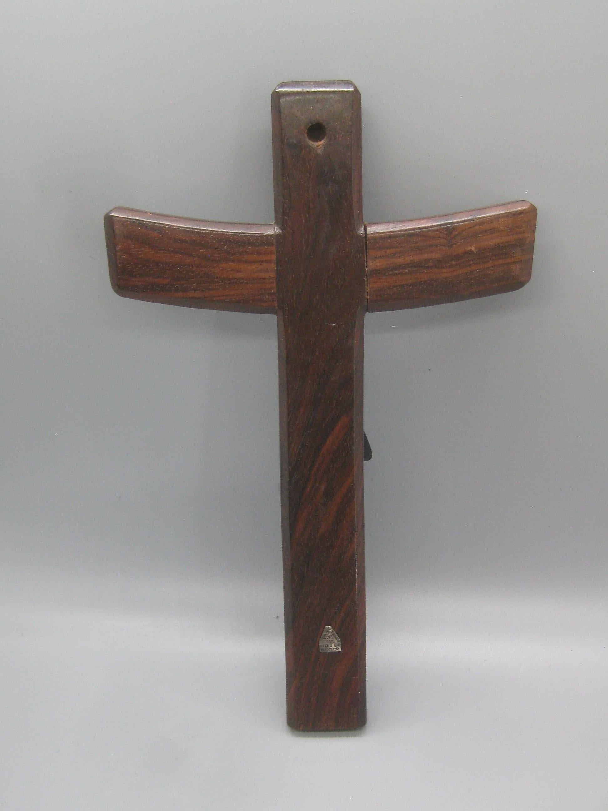 Modernist Mexican Taxco Sterling Silver Rosewood Crucifix Cross Sculpture Mexico For Sale 2