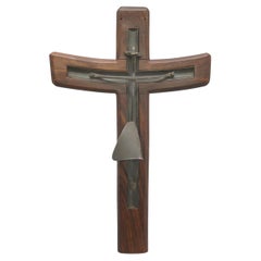Vintage Modernist Mexican Taxco Sterling Silver Rosewood Crucifix Cross Sculpture Mexico