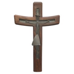 Sculpture de croix de crucifix mexicaine moderniste en argent sterling et bois de rose de Taxco, Mexique