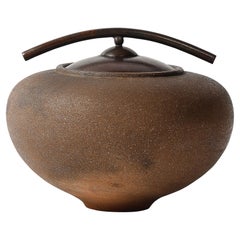 Modernist Mica Clay Smoked Fired Vessel w/ Bronze Lid signed Carol Green