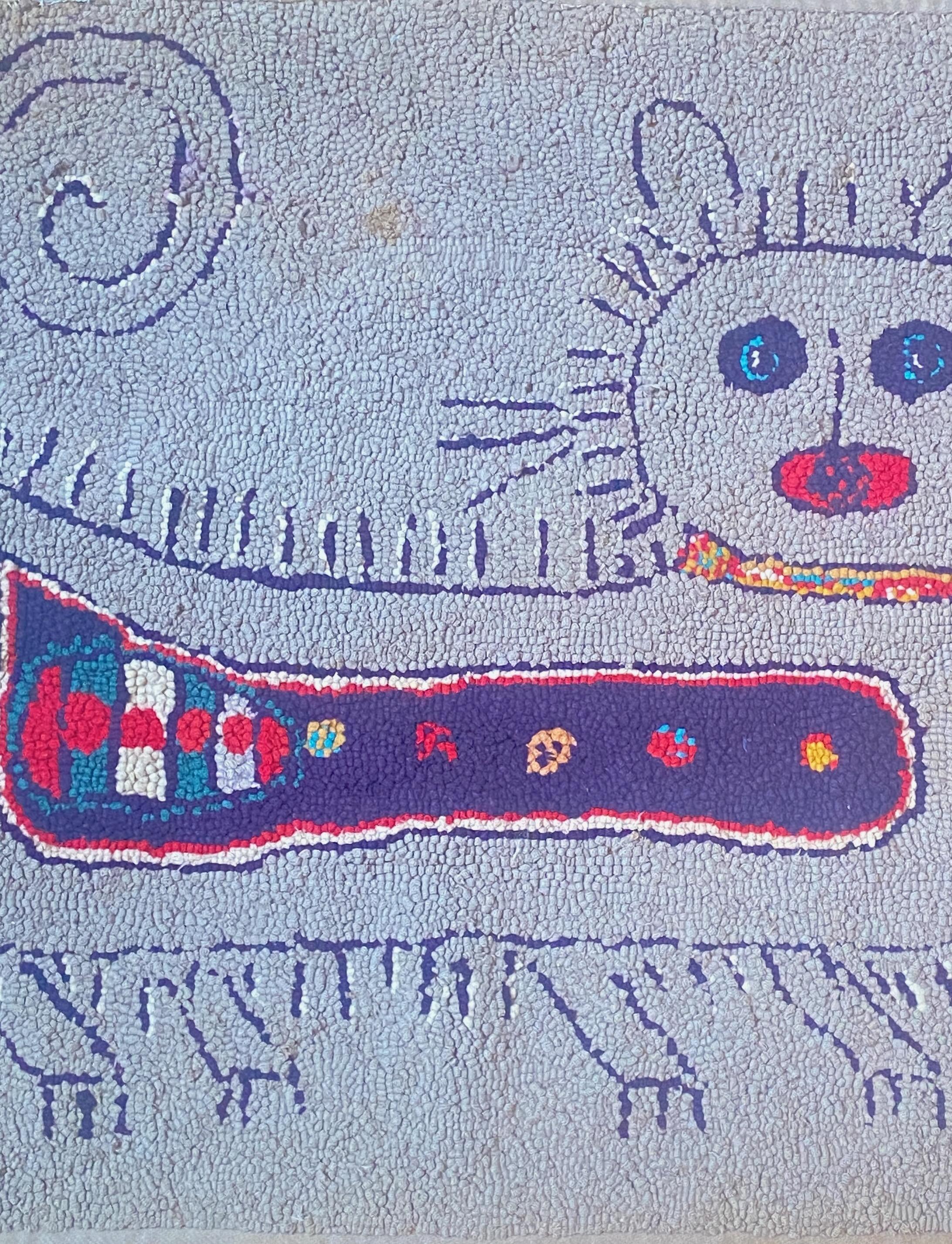 Hand-Crafted Modernist Mid Century American Folk Art Hooked Rug of a Cat dated 1963 For Sale