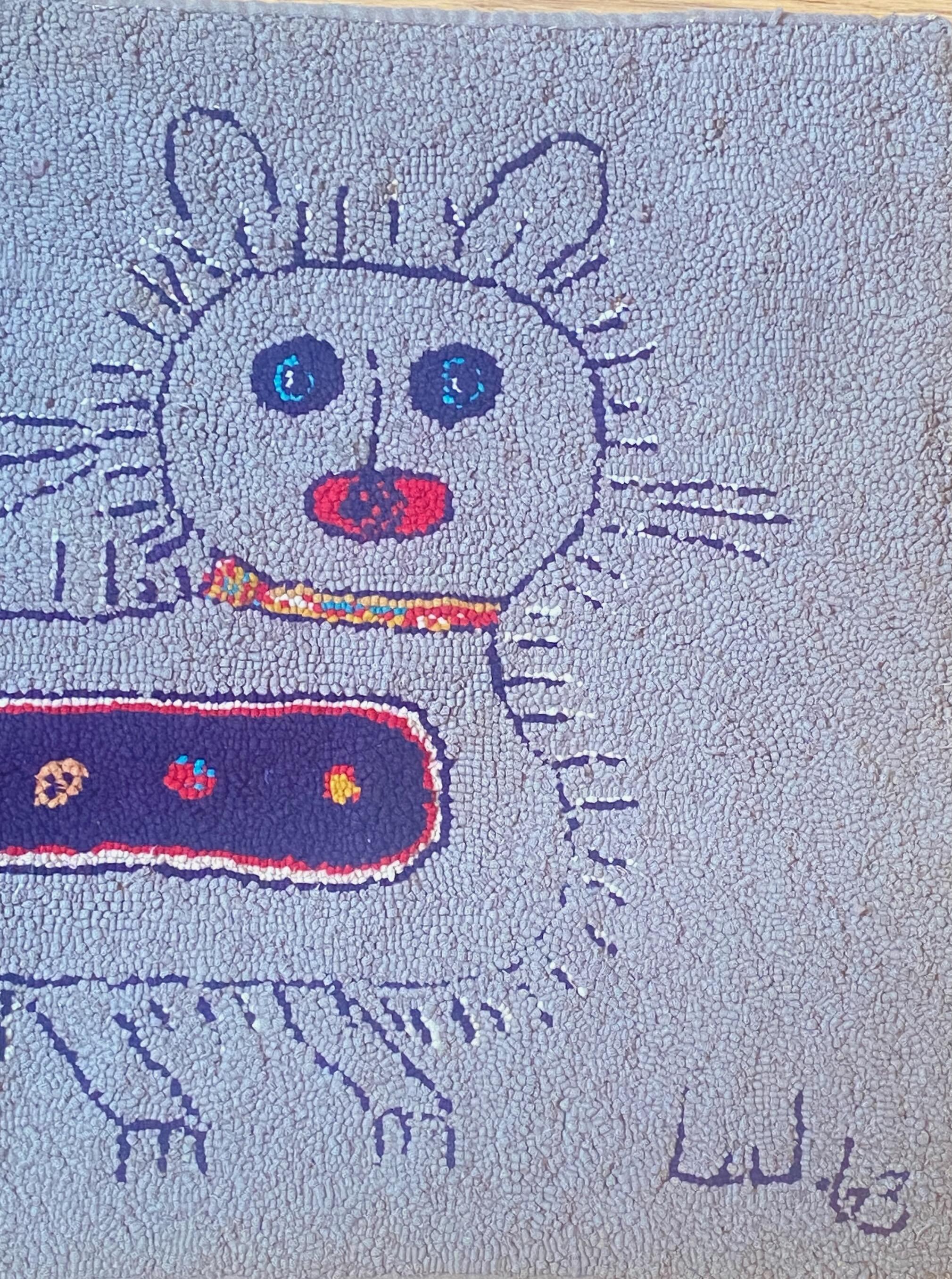 Modernist Mid Century American Folk Art Hooked Rug of a Cat dated 1963 In Good Condition For Sale In San Francisco, CA