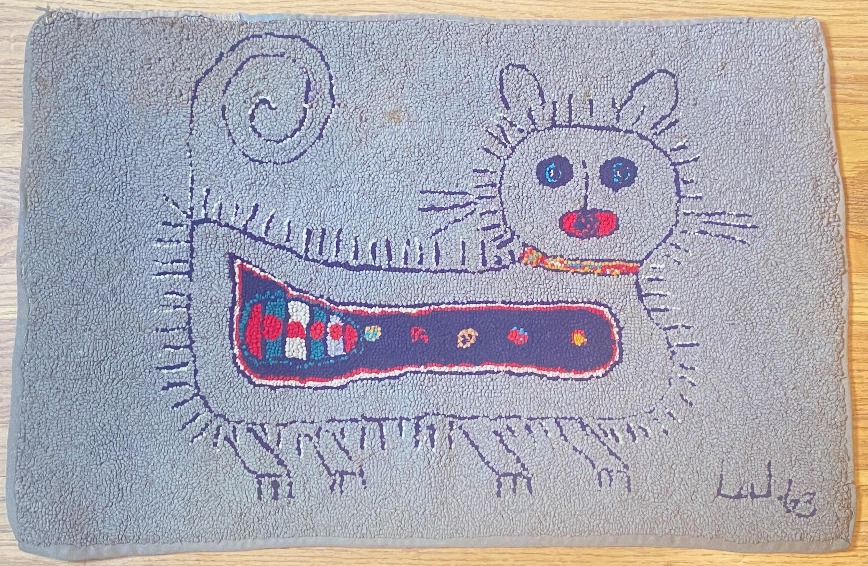 20th Century Modernist Mid Century American Folk Art Hooked Rug of a Cat dated 1963 For Sale