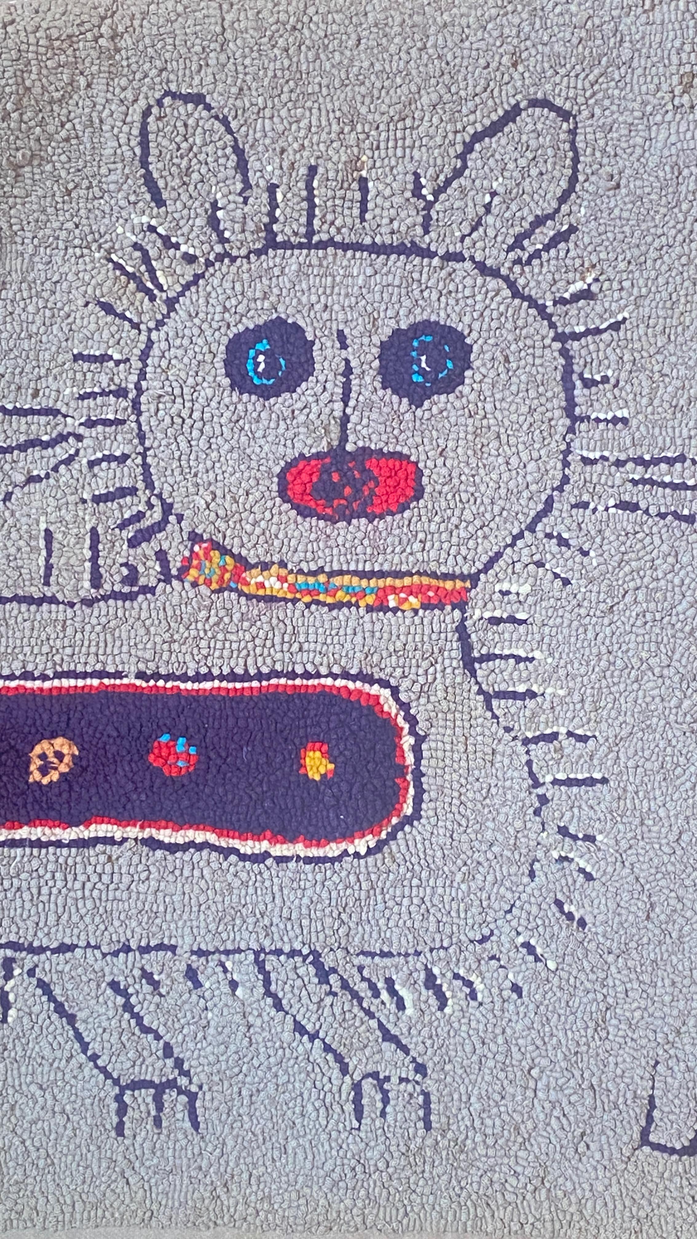 Modernist Mid Century American Folk Art Hooked Rug of a Cat dated 1963 For Sale 1