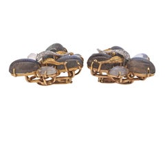 Modernist Midcentury Labradorite Moonstone Diamond Gold Earrings
