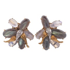 Modernist Midcentury Labradorite Moonstone Diamond Gold Earrings