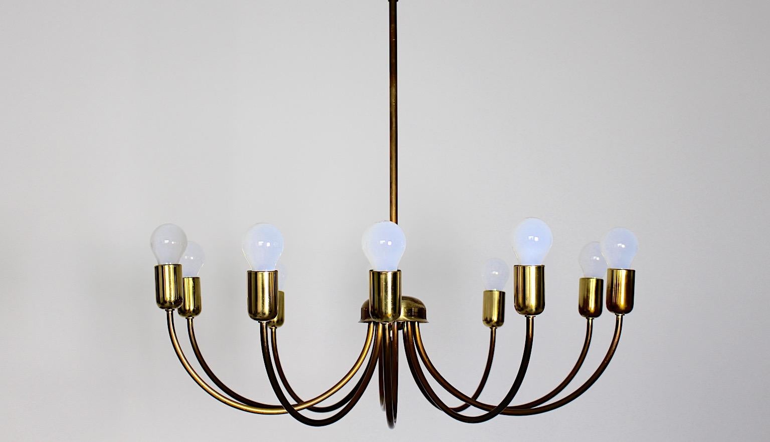 Mid-Century Modern Modernist Mid Century Modern Vintage Brass Chandelier Ten Arms 1950s Vienna For Sale