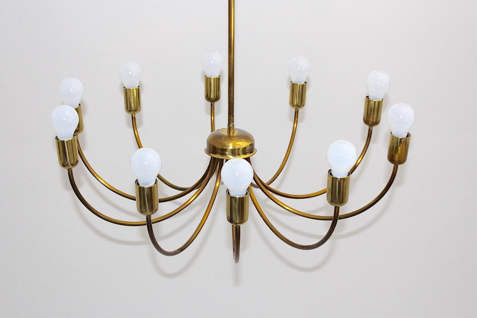 Austrian Modernist Mid Century Modern Vintage Brass Chandelier Ten Arms 1950s Vienna For Sale