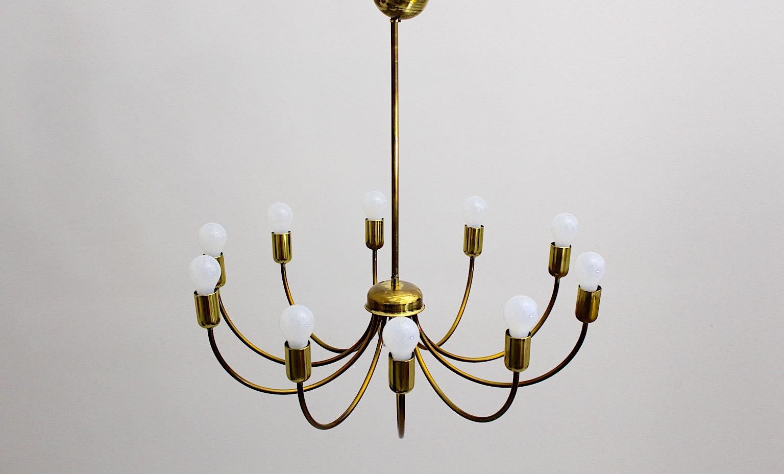 20th Century Modernist Mid Century Modern Vintage Brass Chandelier Ten Arms 1950s Vienna For Sale