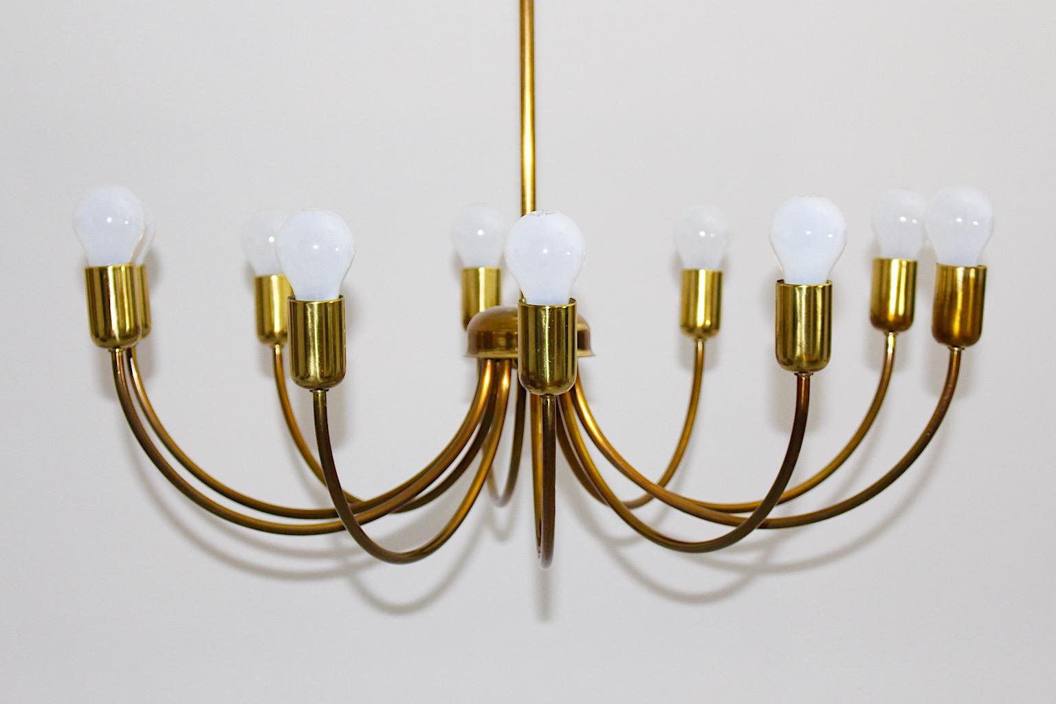 Modernist Mid Century Modern Vintage Brass Chandelier Ten Arms 1950s Vienna For Sale 1