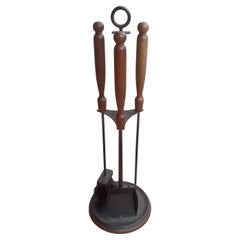 Modernist Midcentury Rare Set of Fireplace Tools in Walnut & Iron