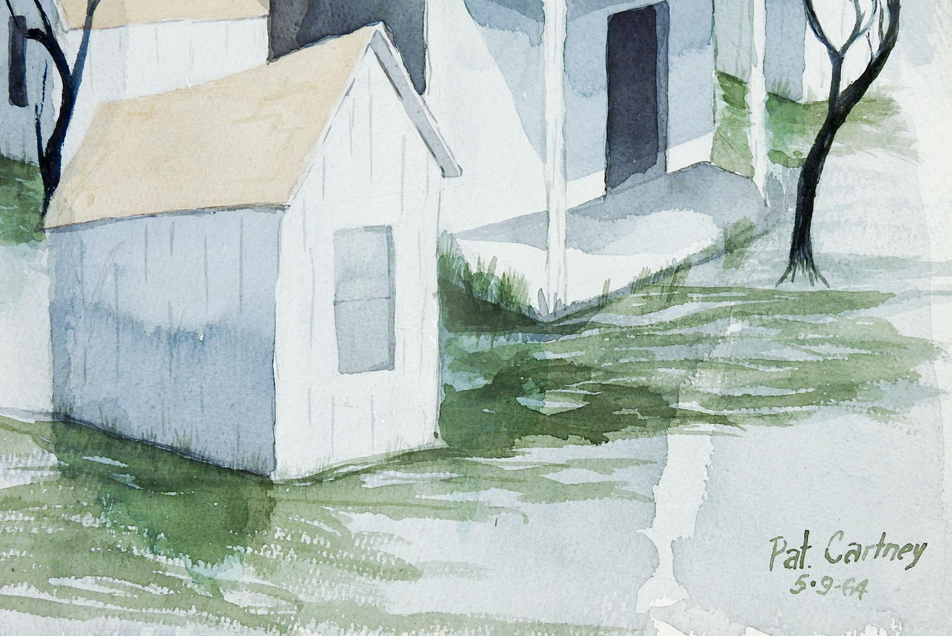 Watercolor on paper of Modernist farmhouse by Pat Chartney. Signed and dated 1964 lower right corner. Unframed, age toning.