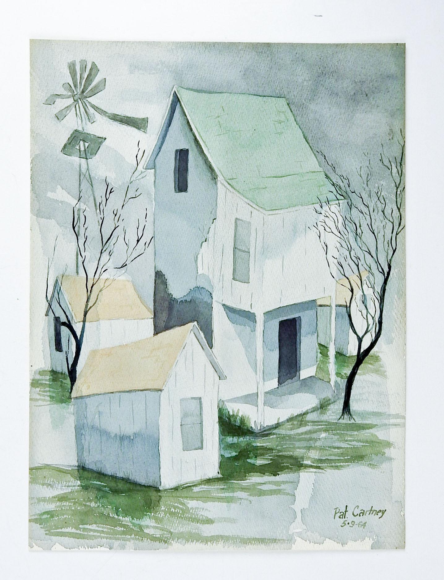 American Modernist Midcentury Rustic Farmhouse Watercolor Painting