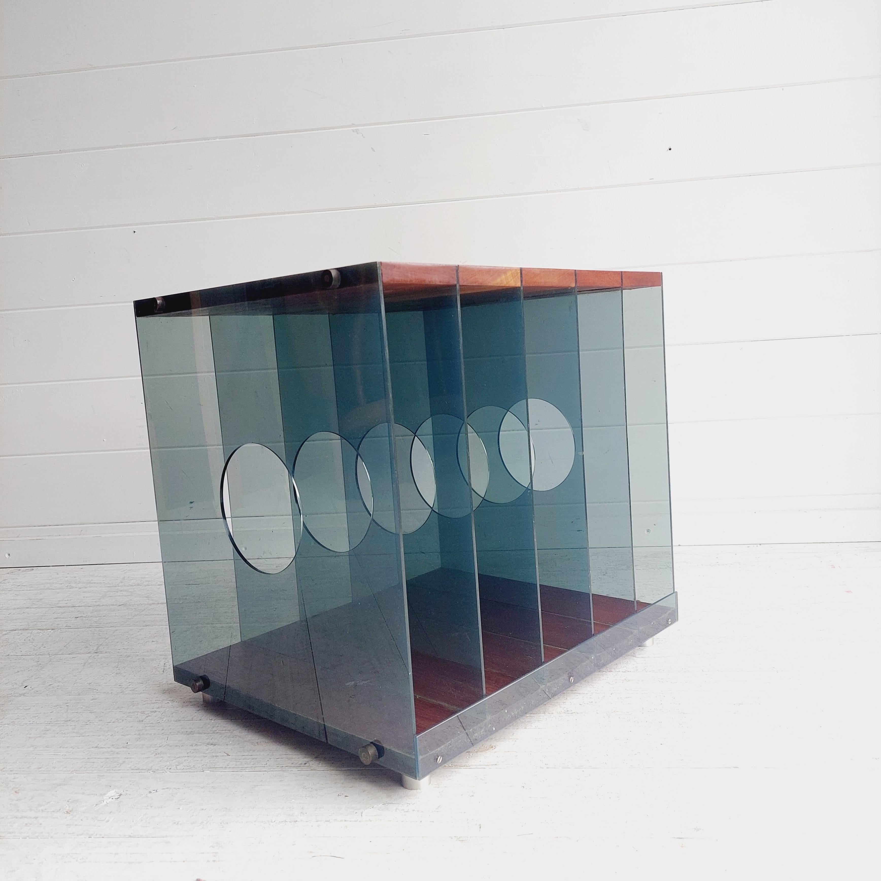 Modernist Mid Century Teak and lucite Lp Vinyl storage holder box, 70s 8