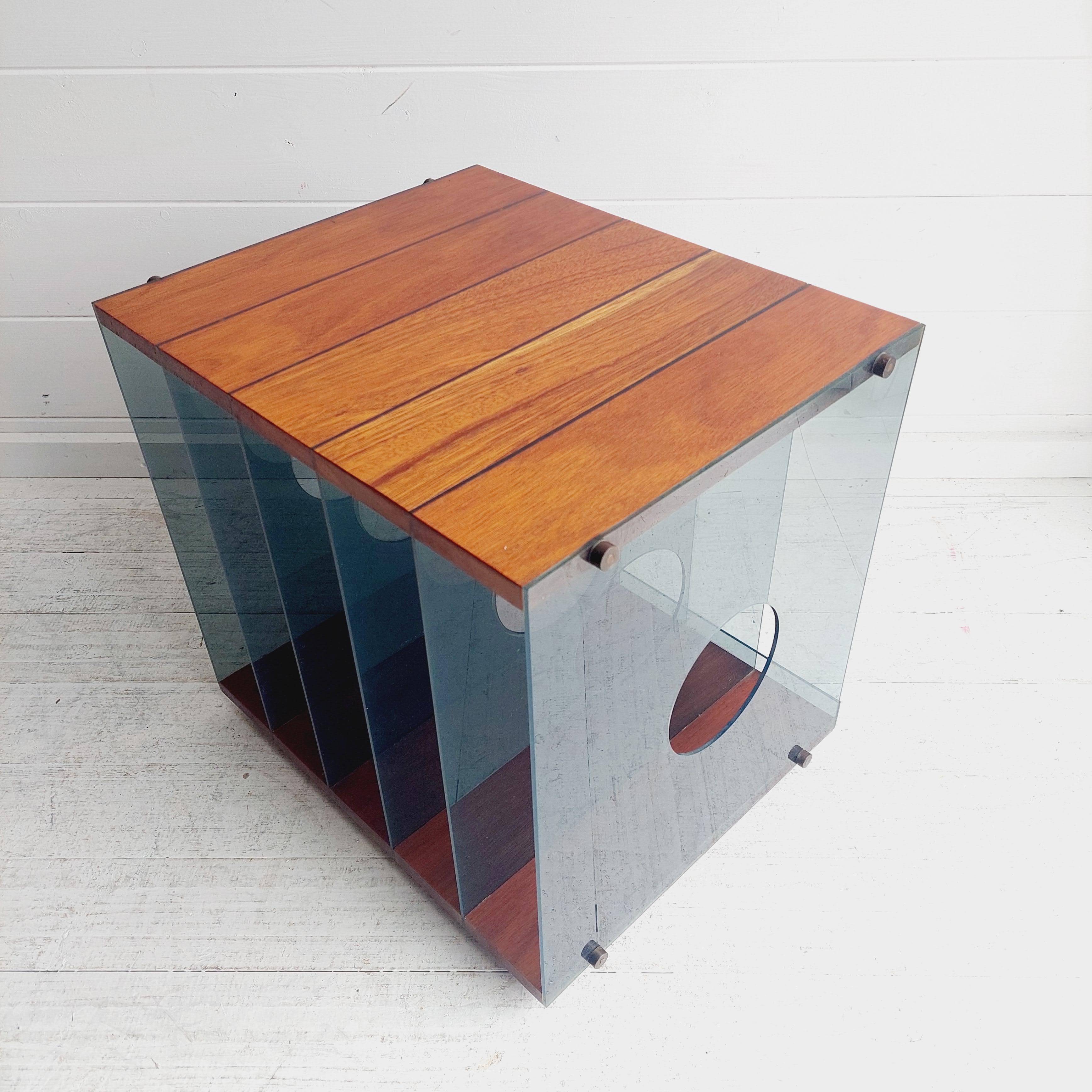 Modernist Mid Century Teak and lucite Lp Vinyl storage holder box, 70s 13