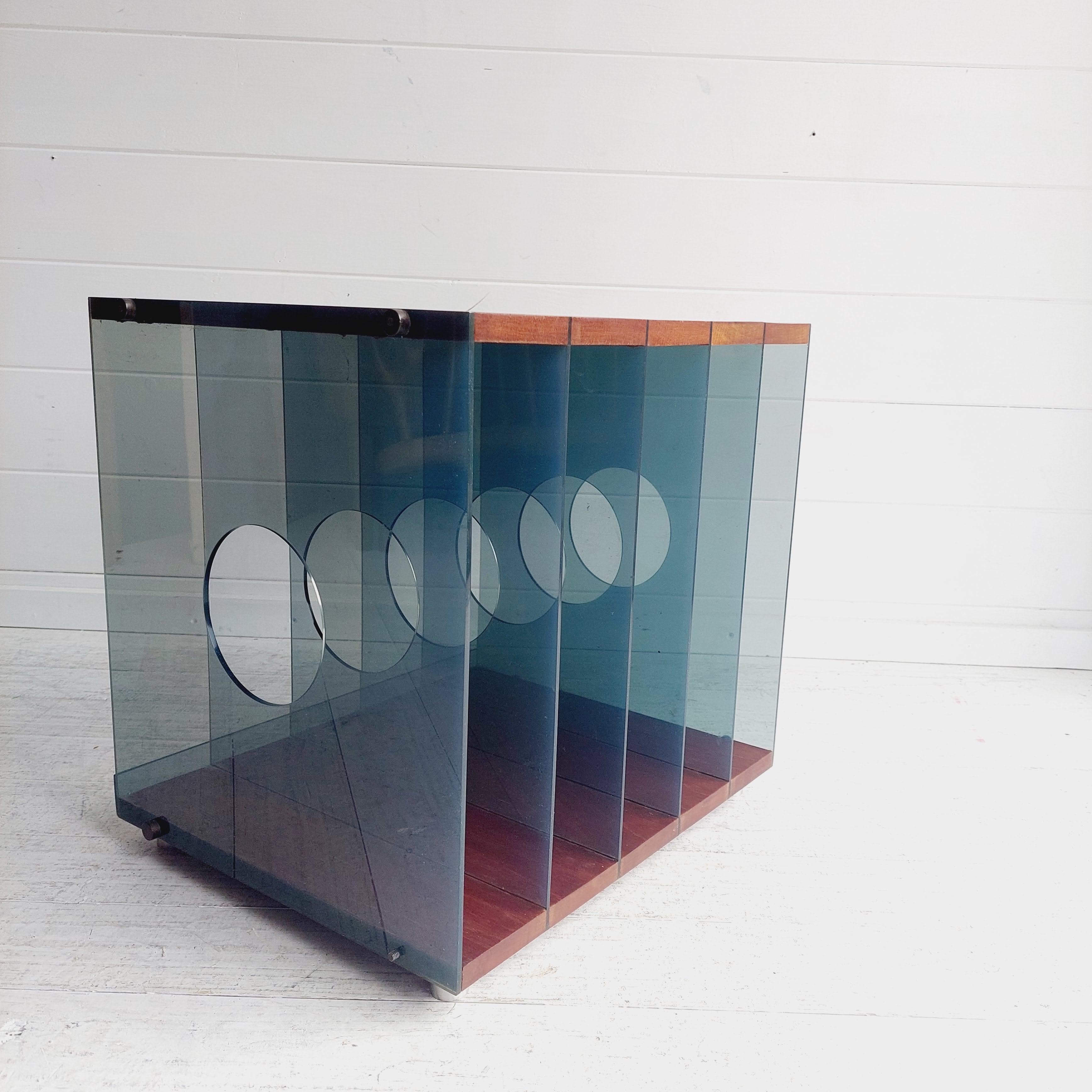 British Modernist Mid Century Teak and lucite Lp Vinyl storage holder box, 70s