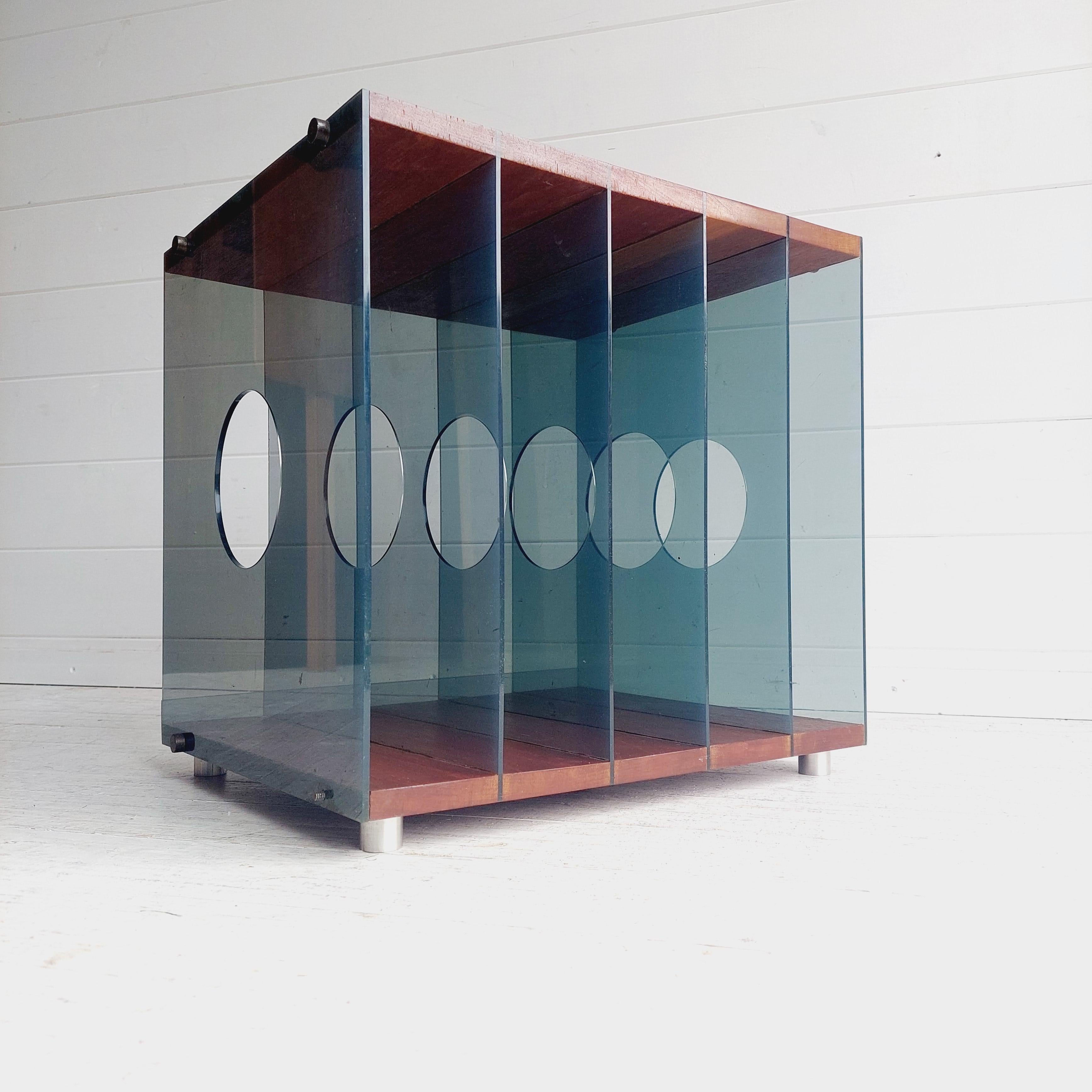 20th Century Modernist Mid Century Teak and lucite Lp Vinyl storage holder box, 70s