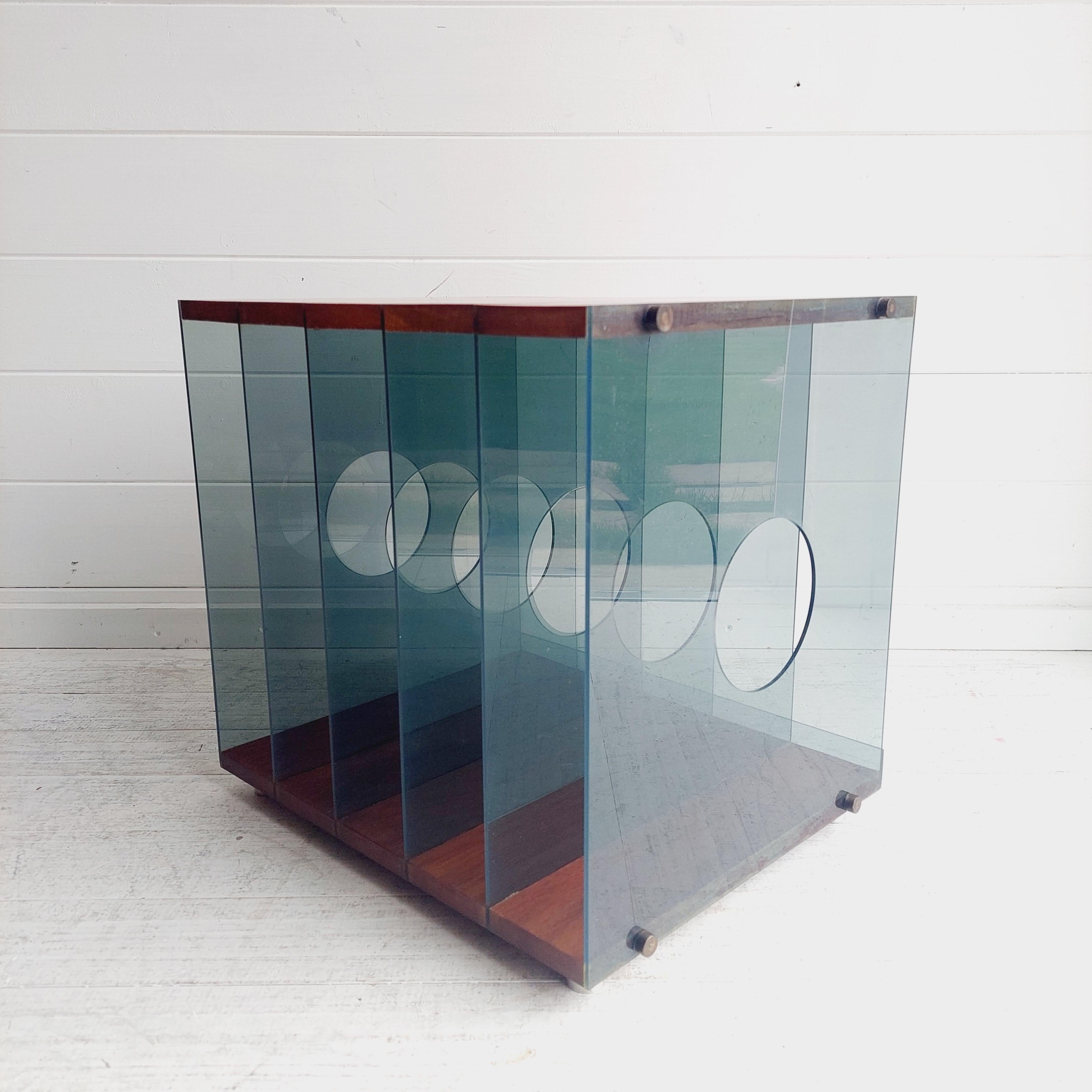 Chrome Modernist Mid Century Teak and lucite Lp Vinyl storage holder box, 70s