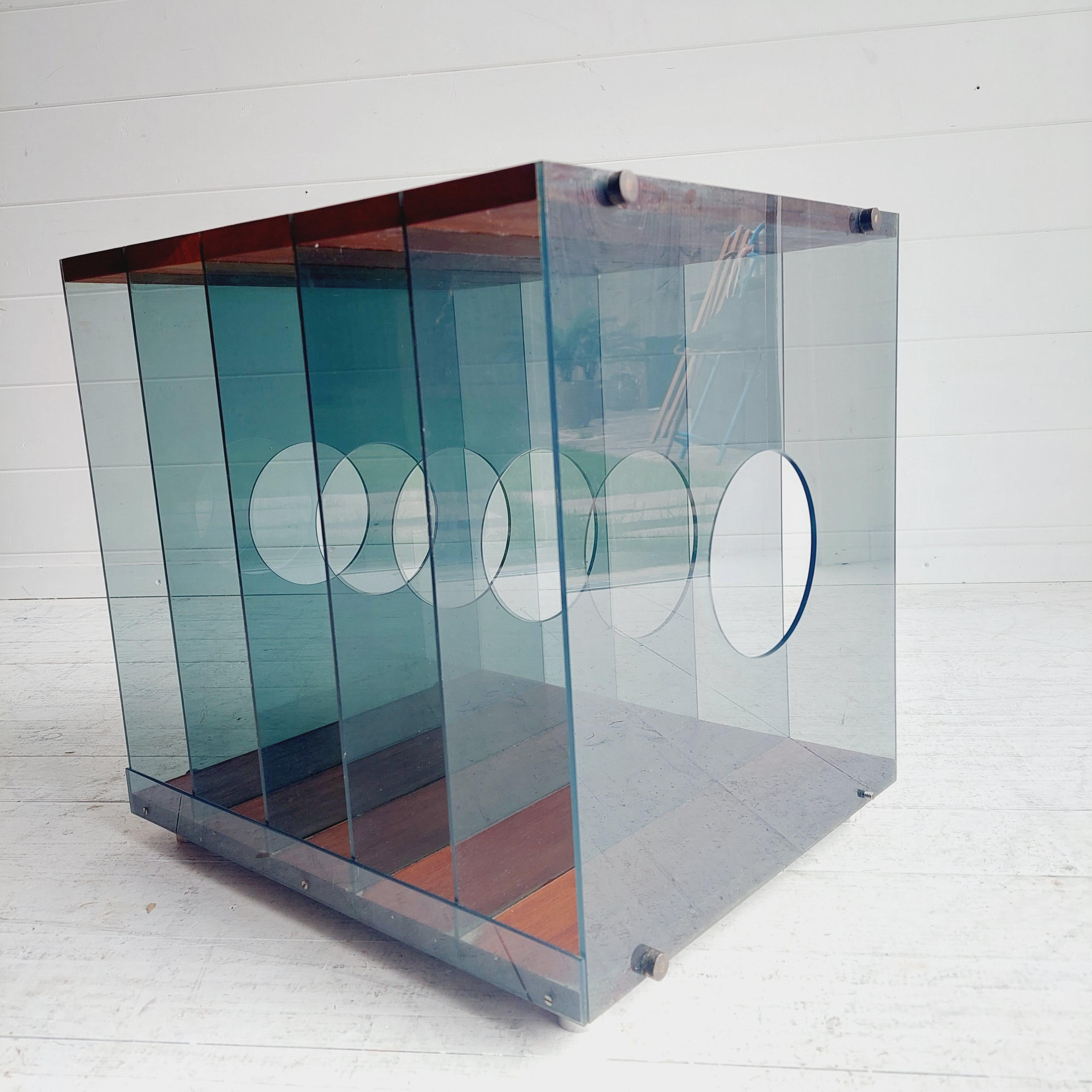 Modernist Mid Century Teak and lucite Lp Vinyl storage holder box, 70s 1