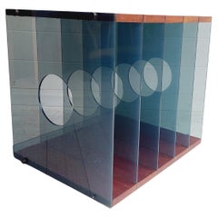 Used Modernist Mid Century Teak and lucite Lp Vinyl storage holder box, 70s