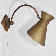 Modernist mid century wall or table fixture, copper and oak, Sweden, 1940s