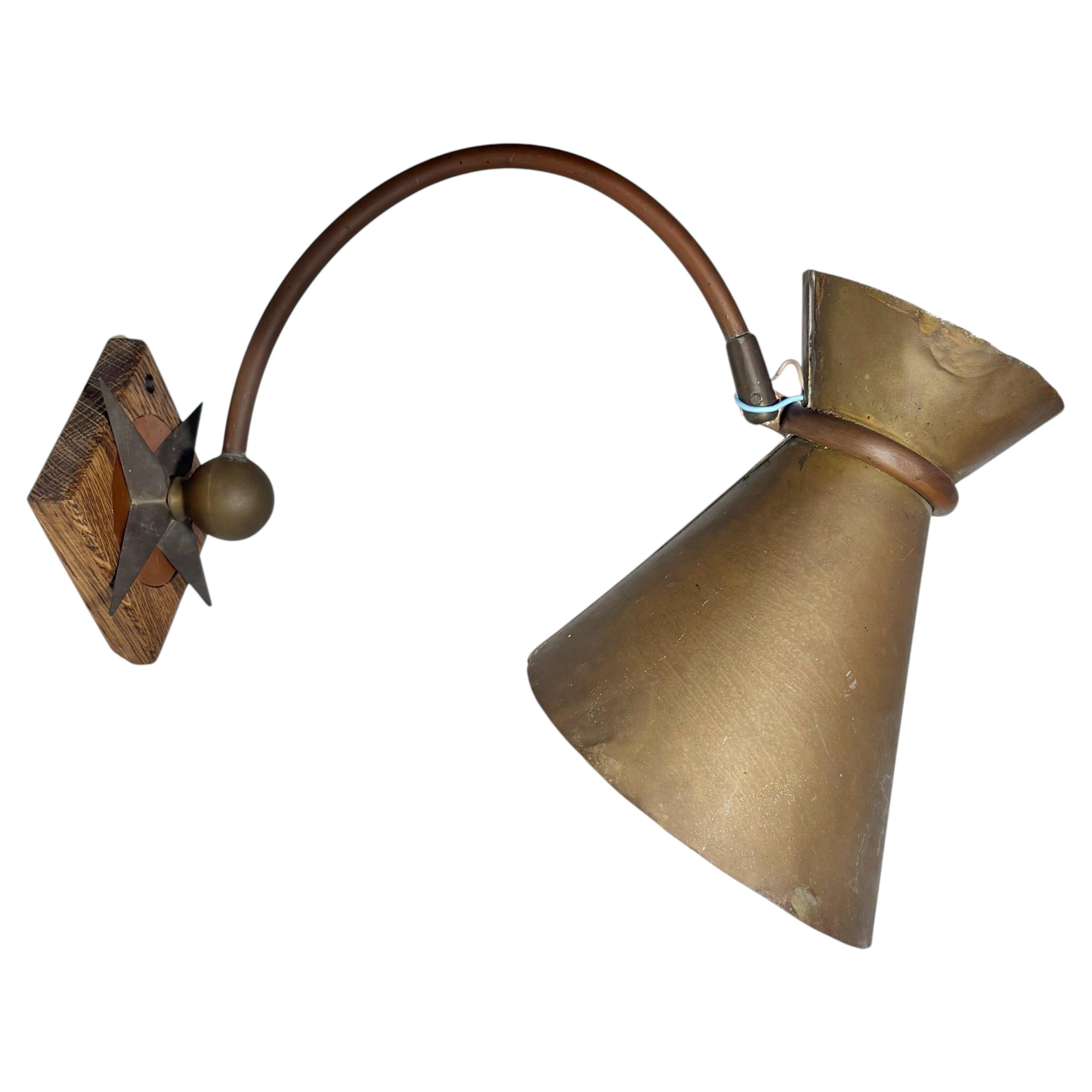 Modernist mid century wall or table fixture, copper and oak, Sweden, 1940s