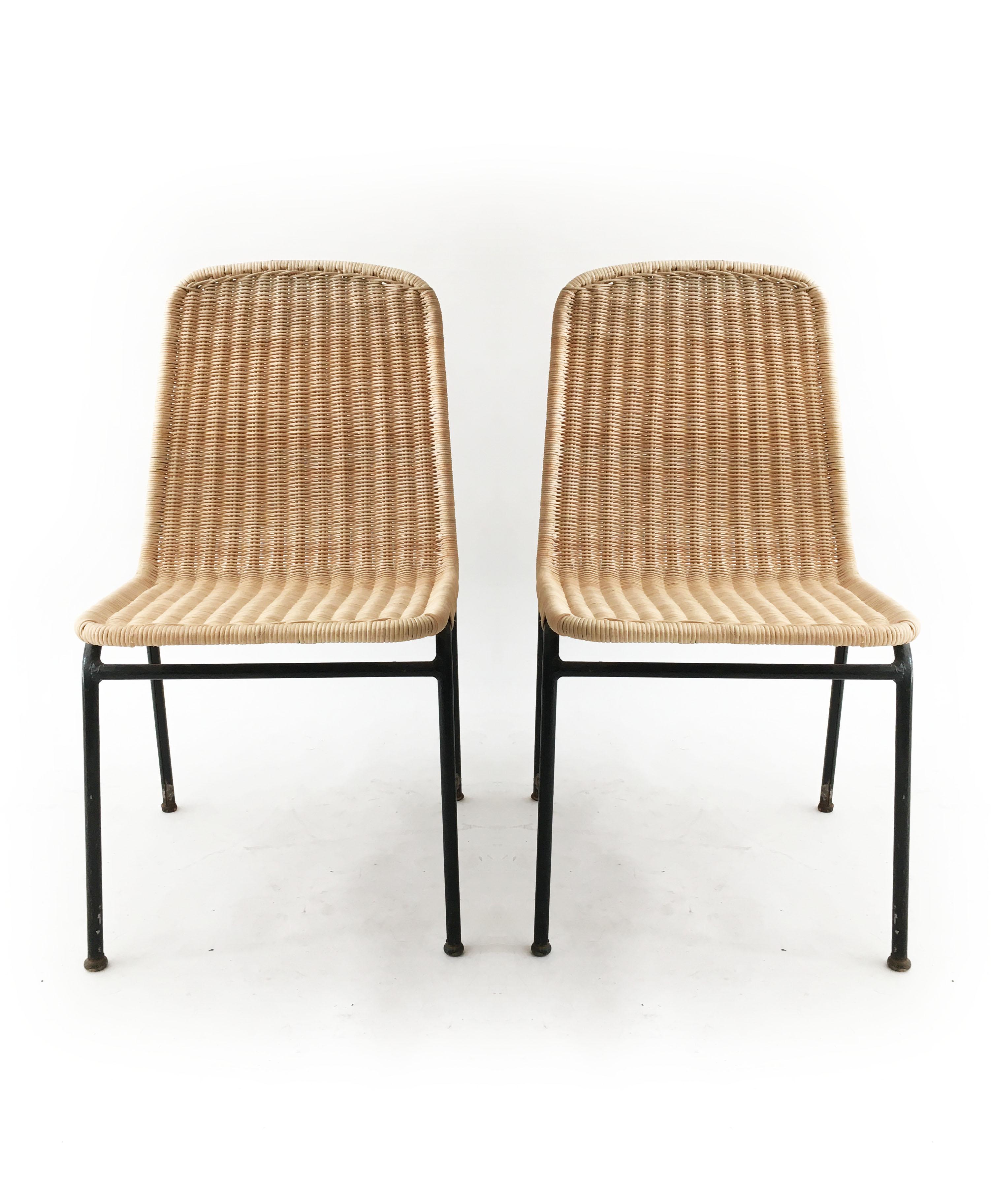 Mid-Century Modern Modernist Midcentury Wicker and Iron Chairs, Set of Two, Austria, 1950s For Sale