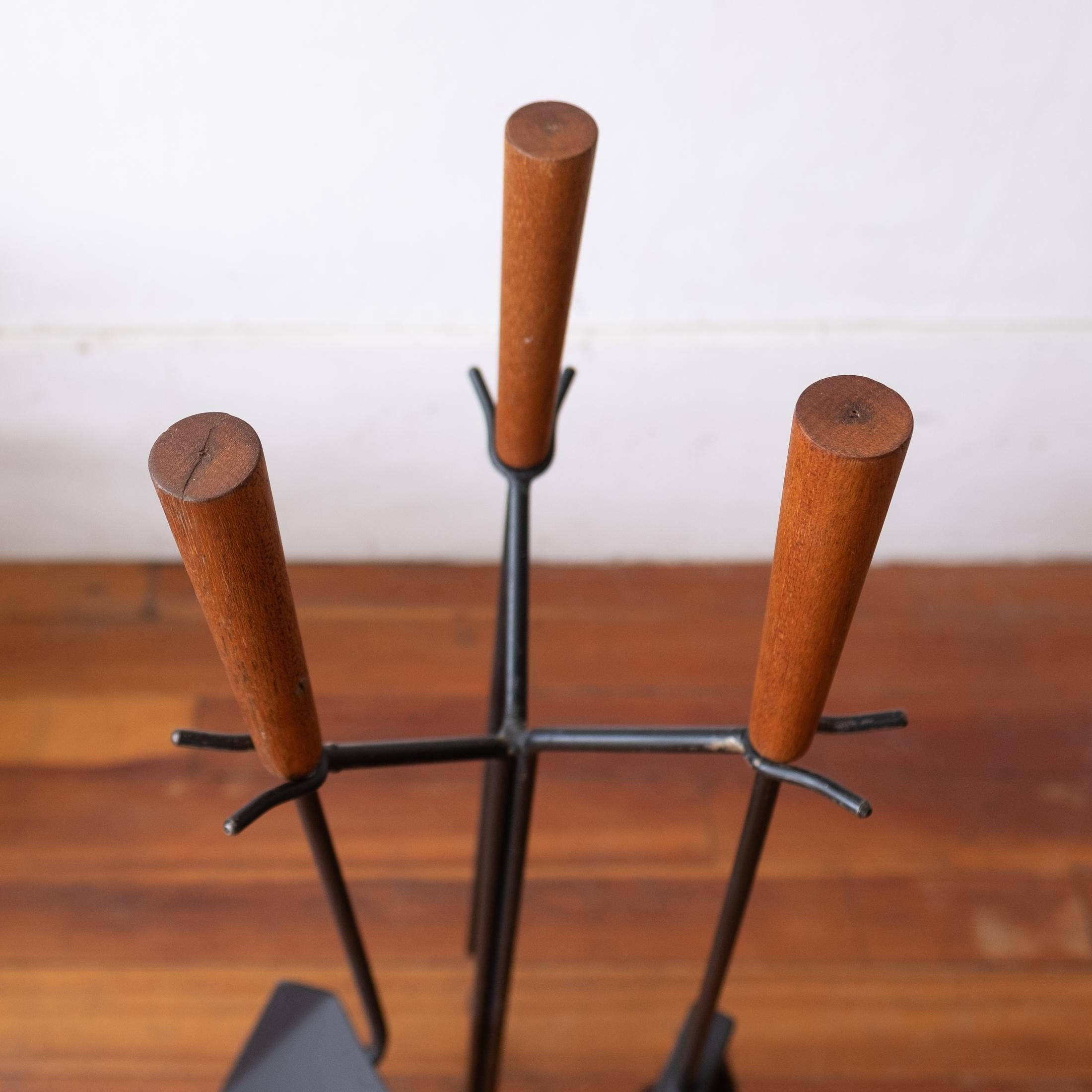 Modernist Midcentury Iron and Wood Fireplace Tool Set 6