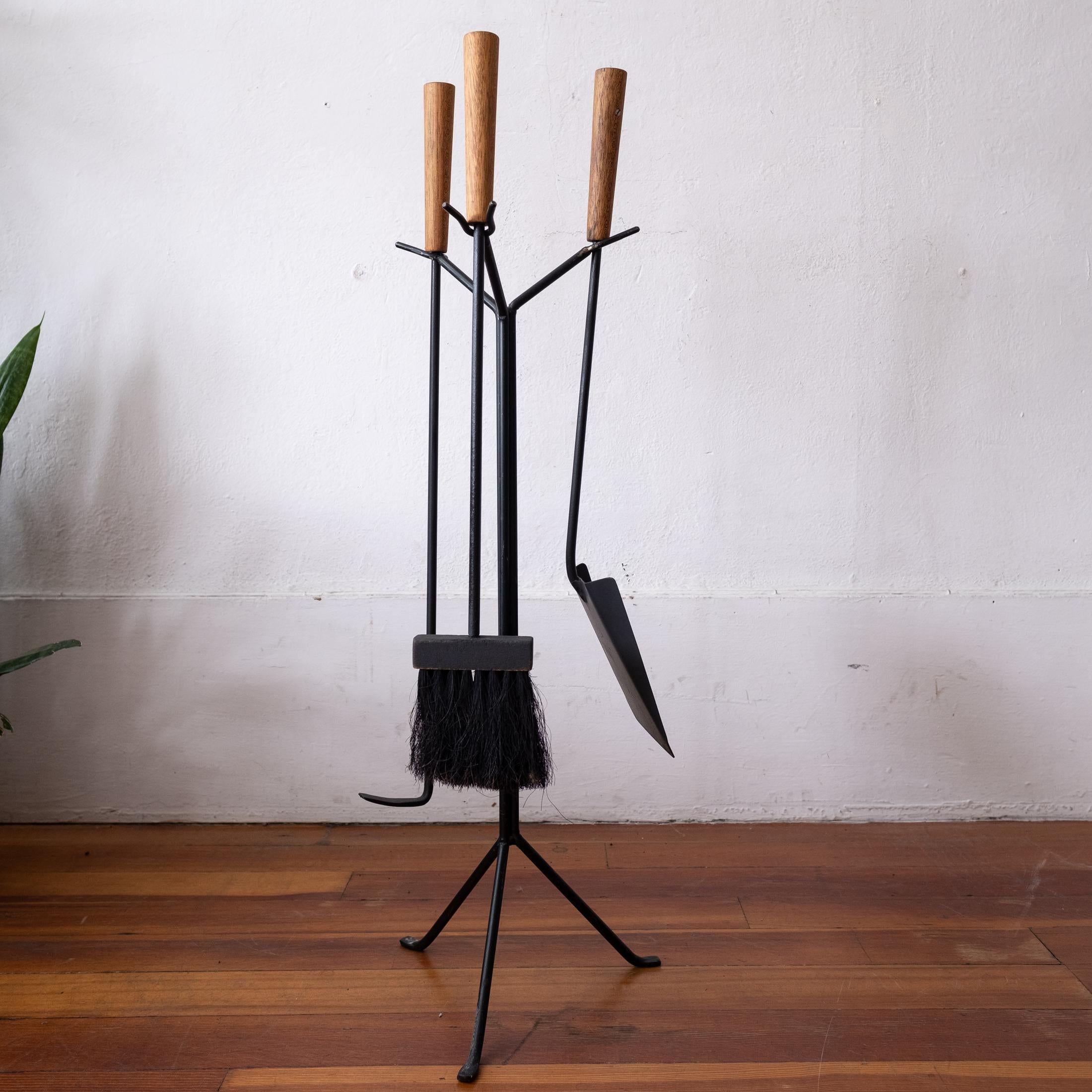 Modernist Midcentury Iron and Wood Fireplace Tool Set 7