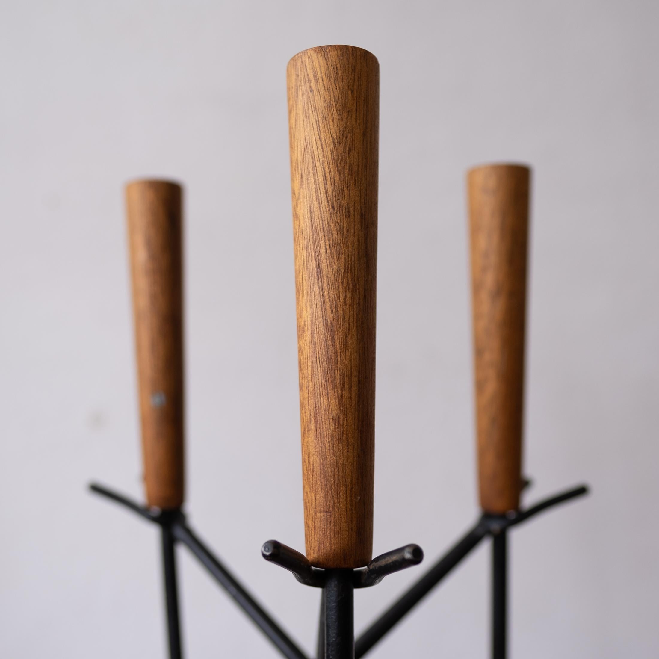 Modernist Midcentury Iron and Wood Fireplace Tool Set In Good Condition In San Diego, CA