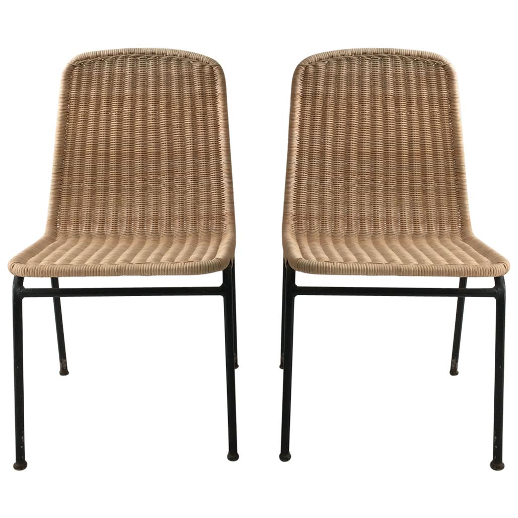 Modernist Midcentury Wicker and Iron Chairs, Set of Two, Austria, 1950s For Sale