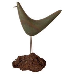 Retro Modernist Mid-Century Wood and Stone Bird Sculpture
