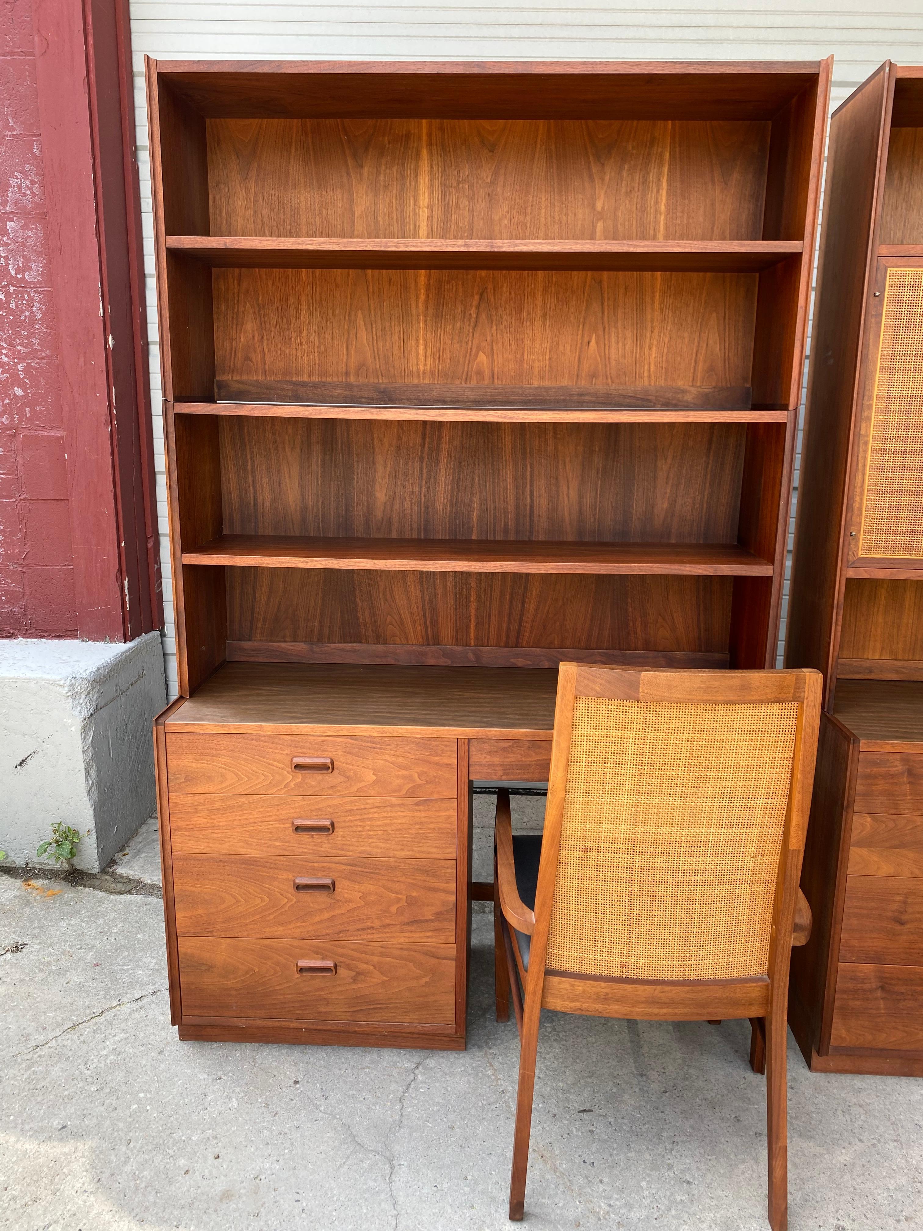 Stunning Mid-Century Modern Suite designed by Jack Cartwright (FOUNDER'S). sUITE INCLUDES,,,, Desk with 4 drawers (left) large center drawer with bookcase top,,4 drawer chest with top storage,,caned doors,,,Desk and chest with dovetail drawers,,nice