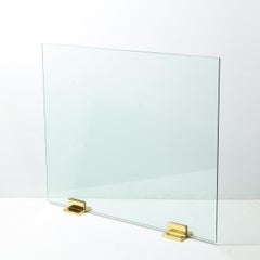 Modernist Minimalist Rectilinear Polished Brass and Tempered Glass Fire Screen