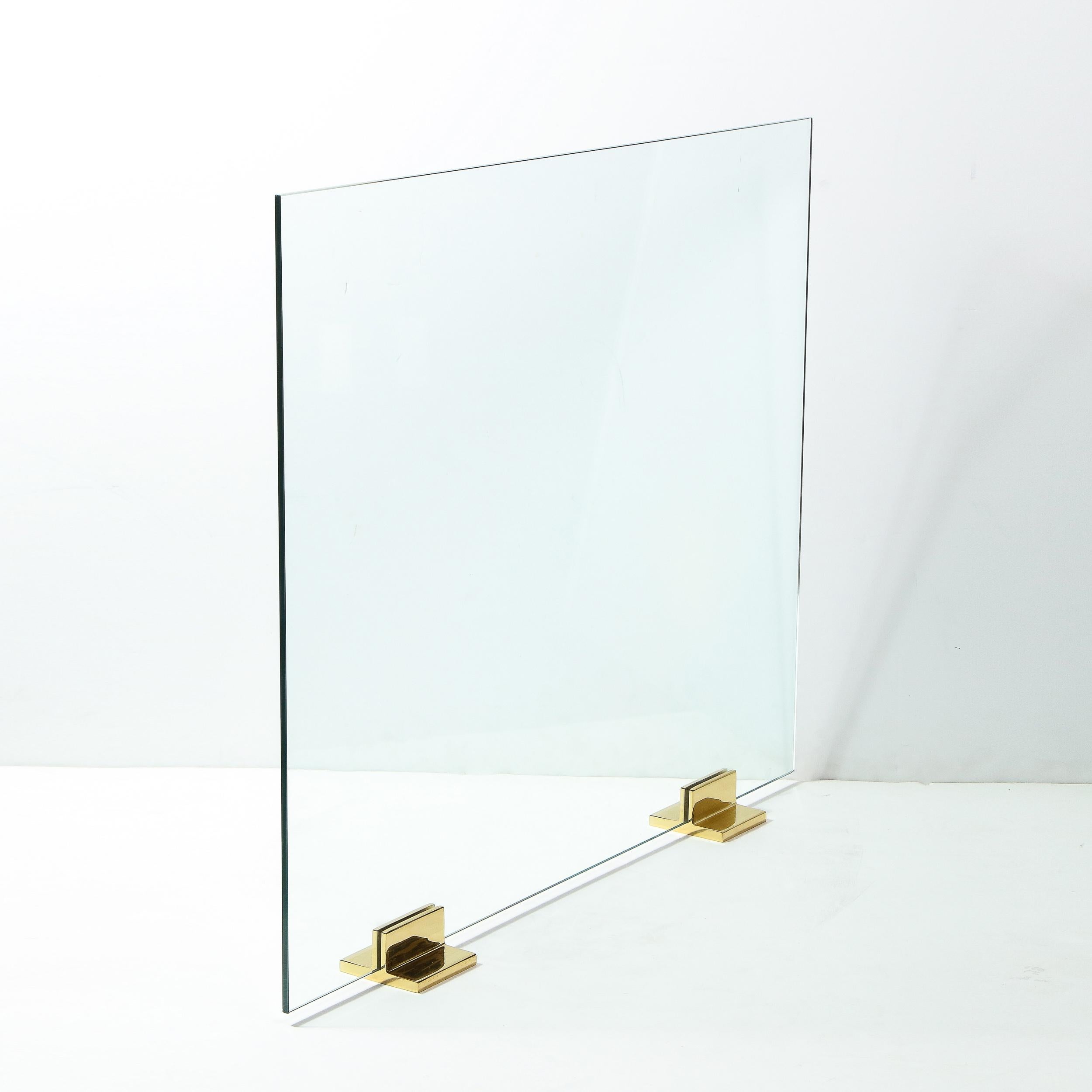 Modernist Minimalist Rectilinear Polished Brass and Tempered Glass Fire Screen In Excellent Condition In New York, NY