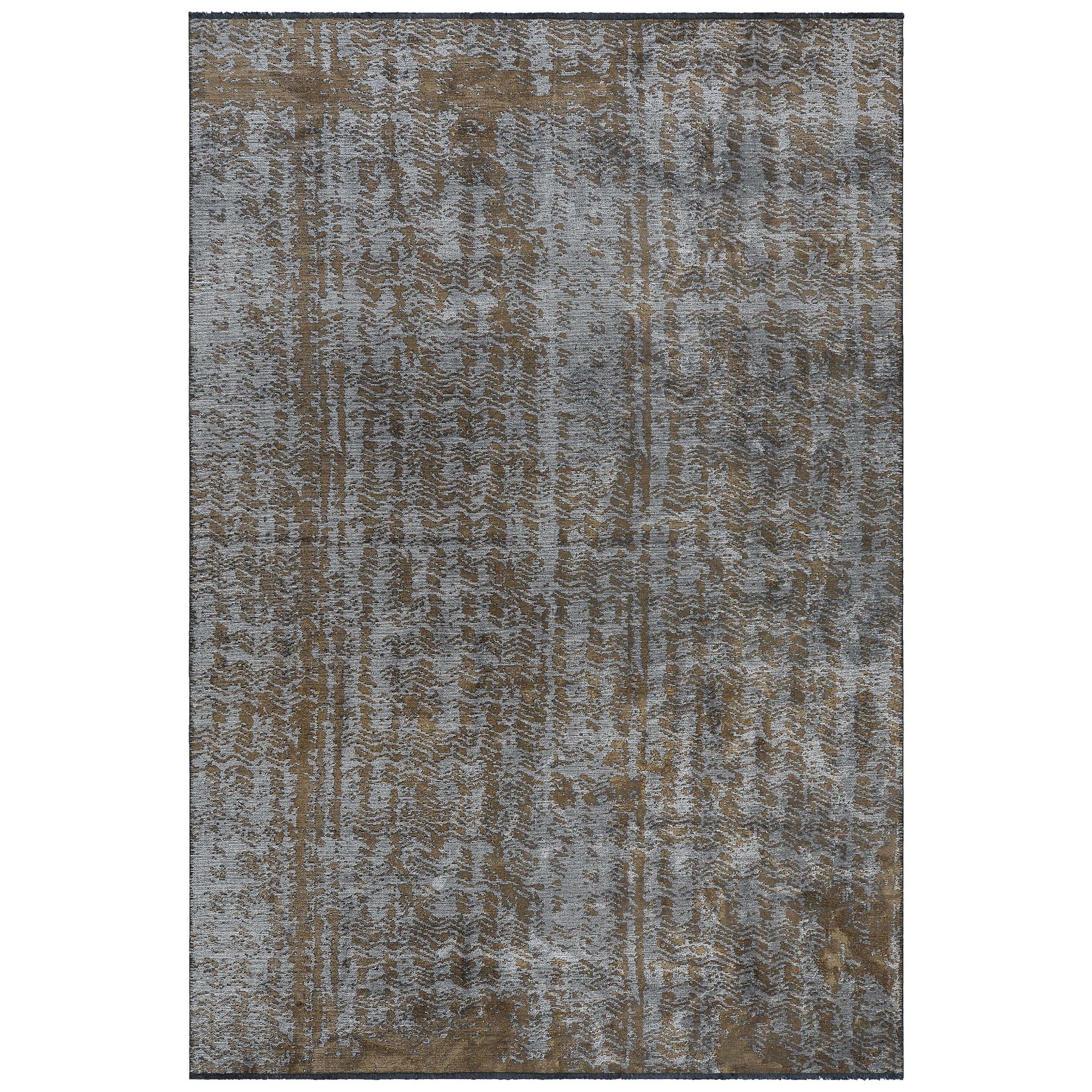 Tapis moderniste de conception abstraite en brun vison et gris argenté avec brillance en vente