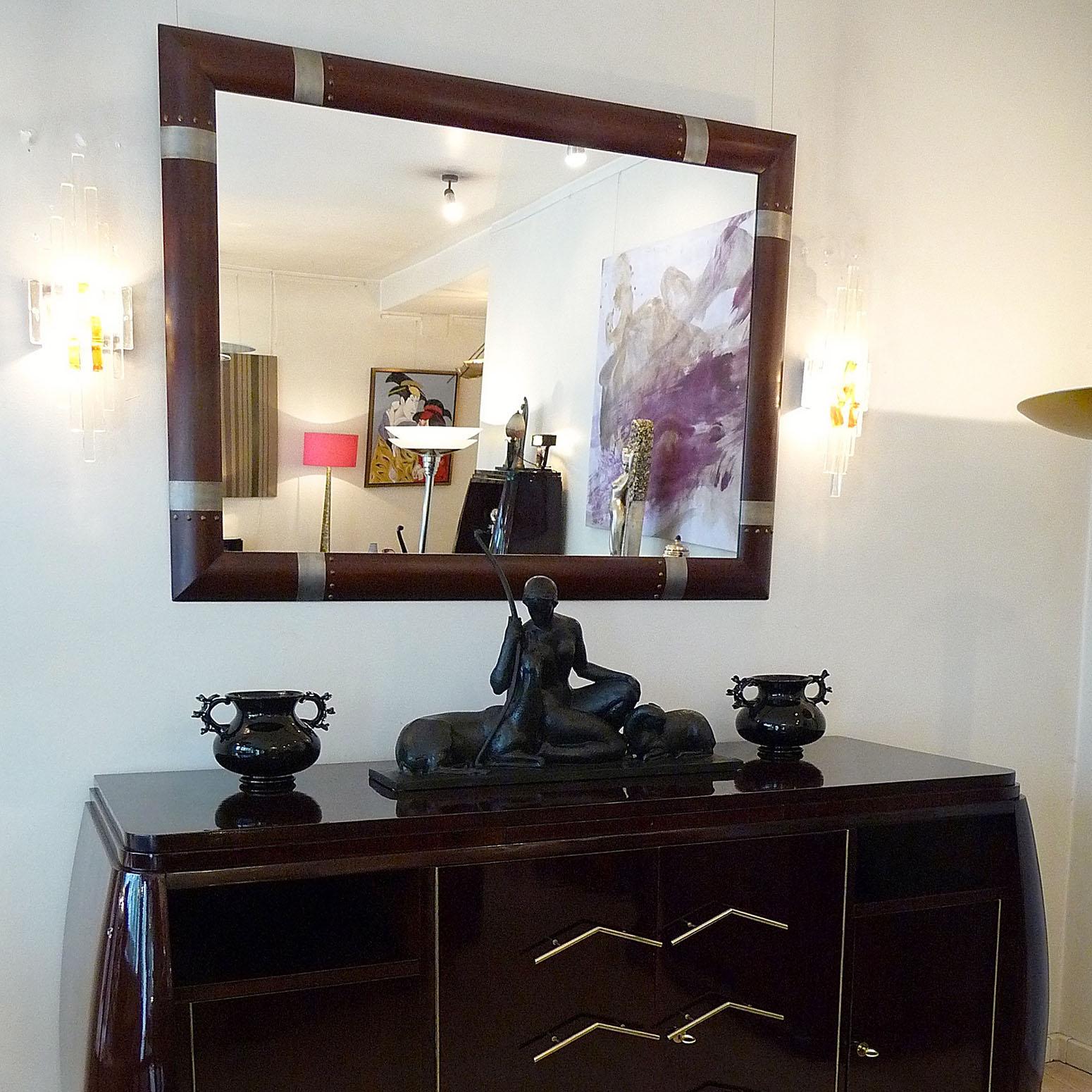 French Modernist Mirror with Wood Frame and Silvered Inlaid Patterns For Sale