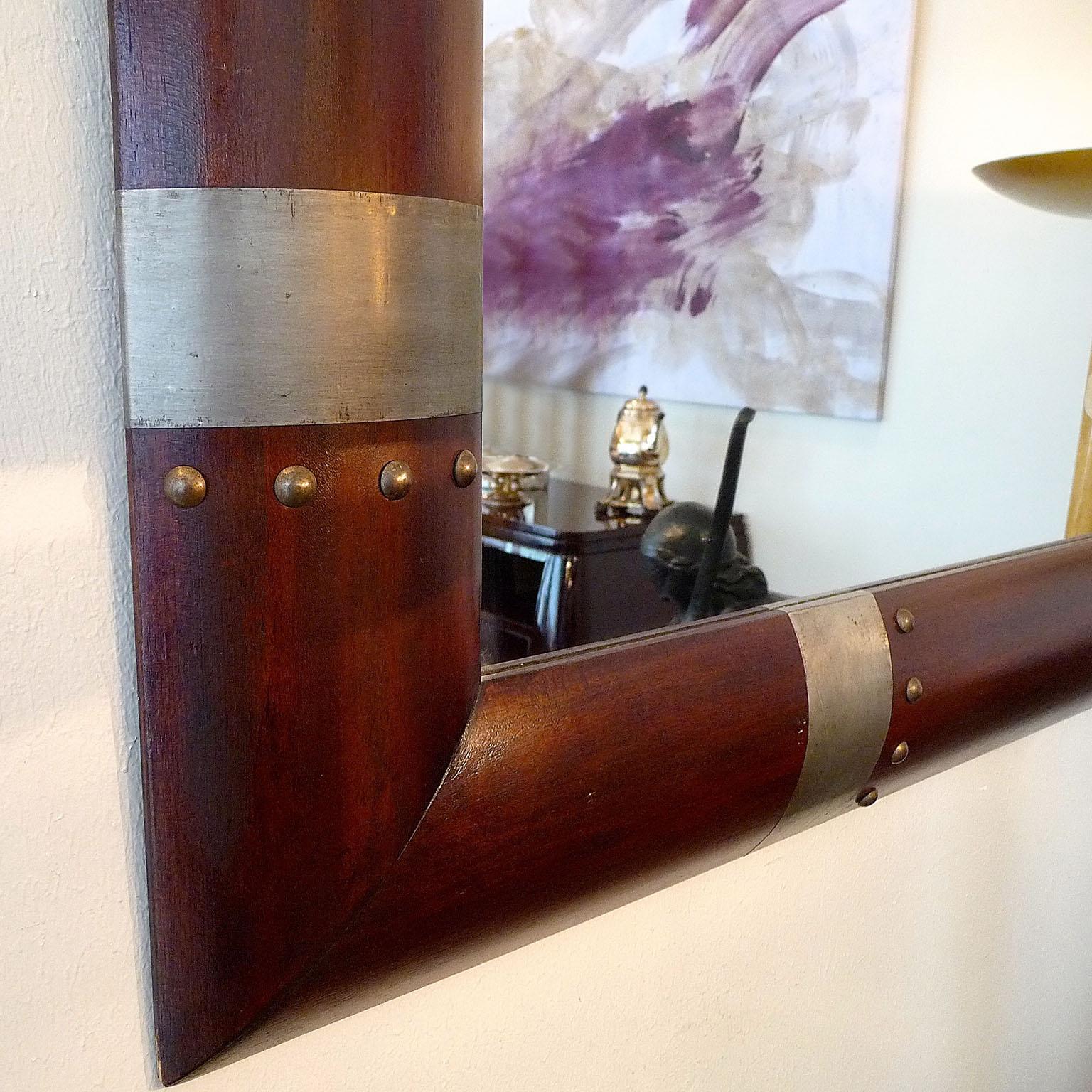 Modernist Mirror with Wood Frame and Silvered Inlaid Patterns For Sale 4