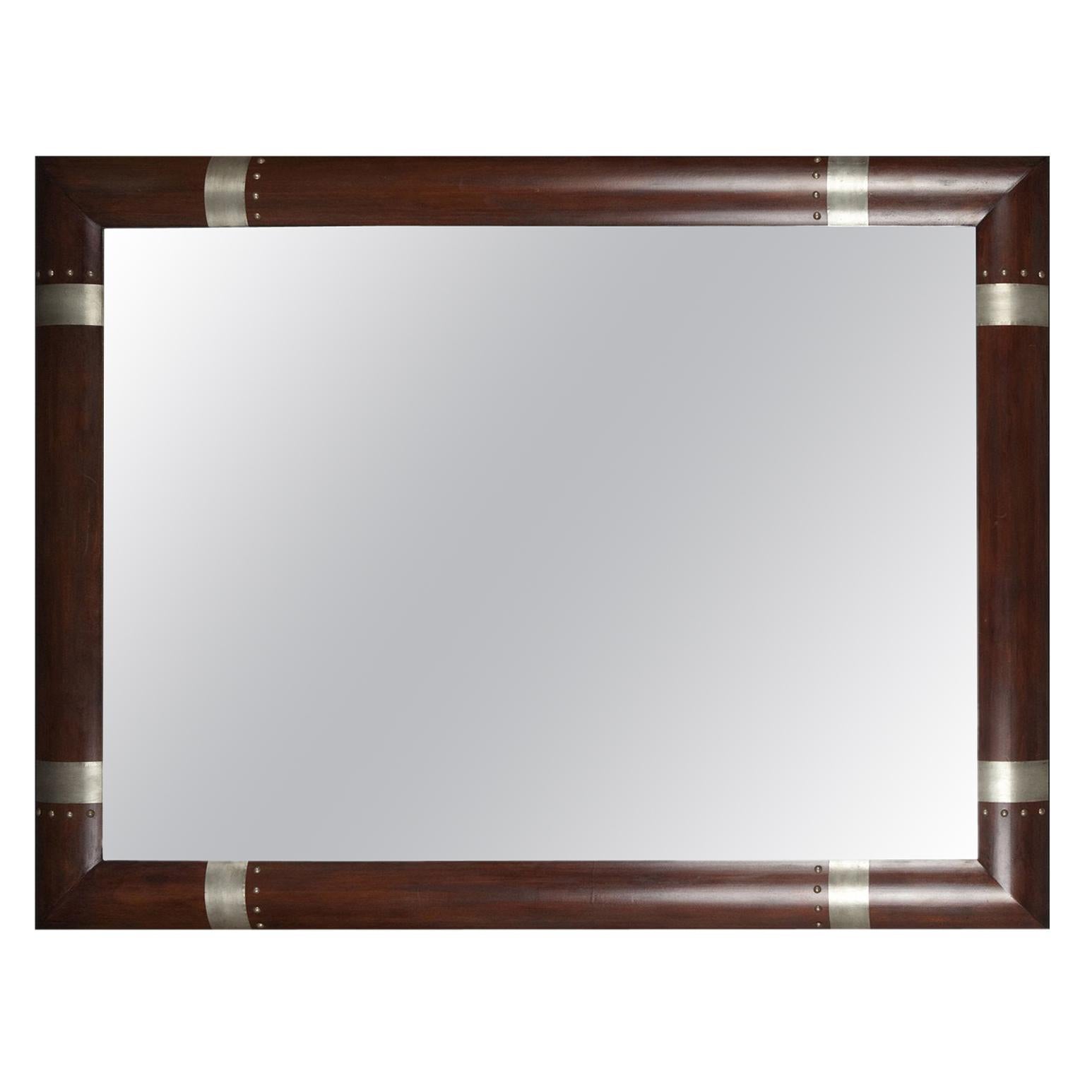 Modernist Mirror with Wood Frame and Silvered Inlaid Patterns
