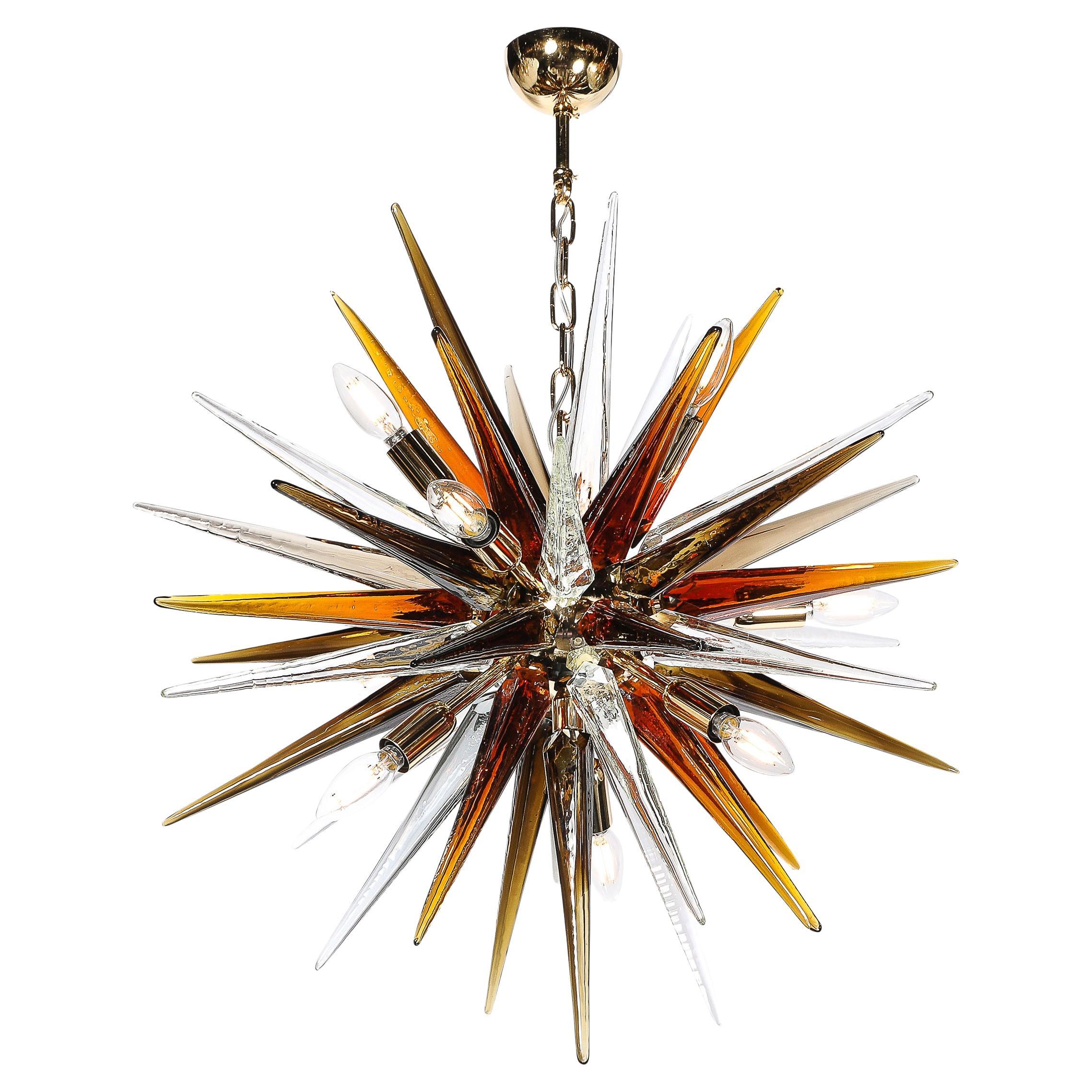 Modernist Mixed Hand-Blown Murano Glass Spike Form Sputnik Chandelier w/ Brass