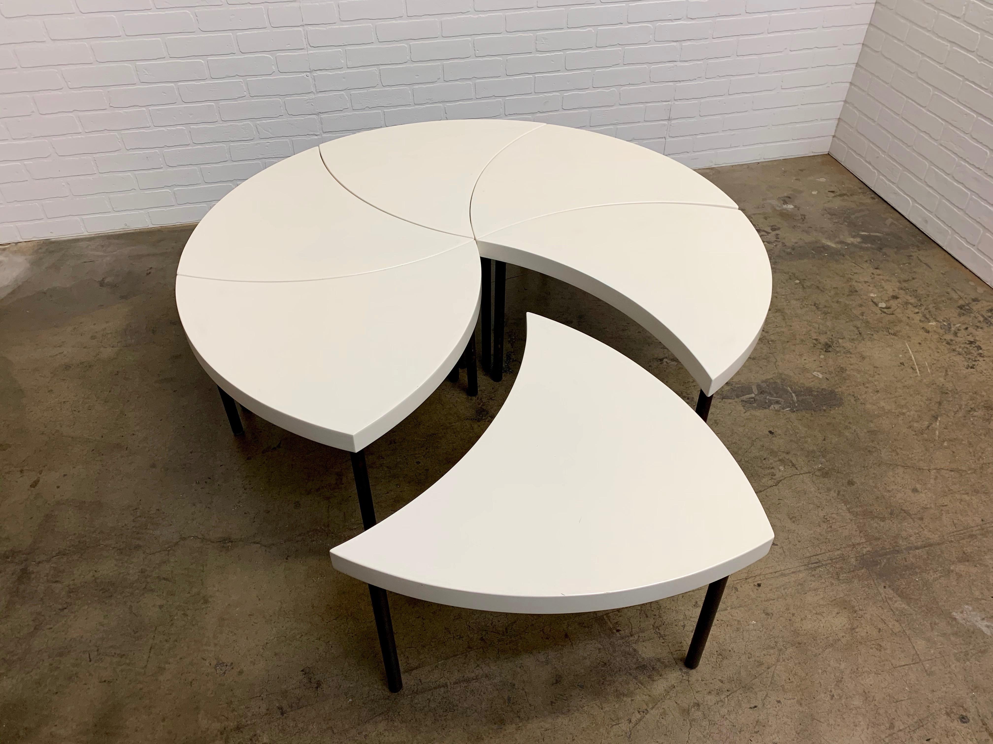 Modernist modular coffee table / side tables. High quality construction. White lacquered tops with brass legs. This piece can be configured to best suit your needs. Can also work as side tables. Each piece measures: 25.5