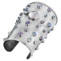 Modernist Moonstone Sterling Silver Hammered Wide Cuff