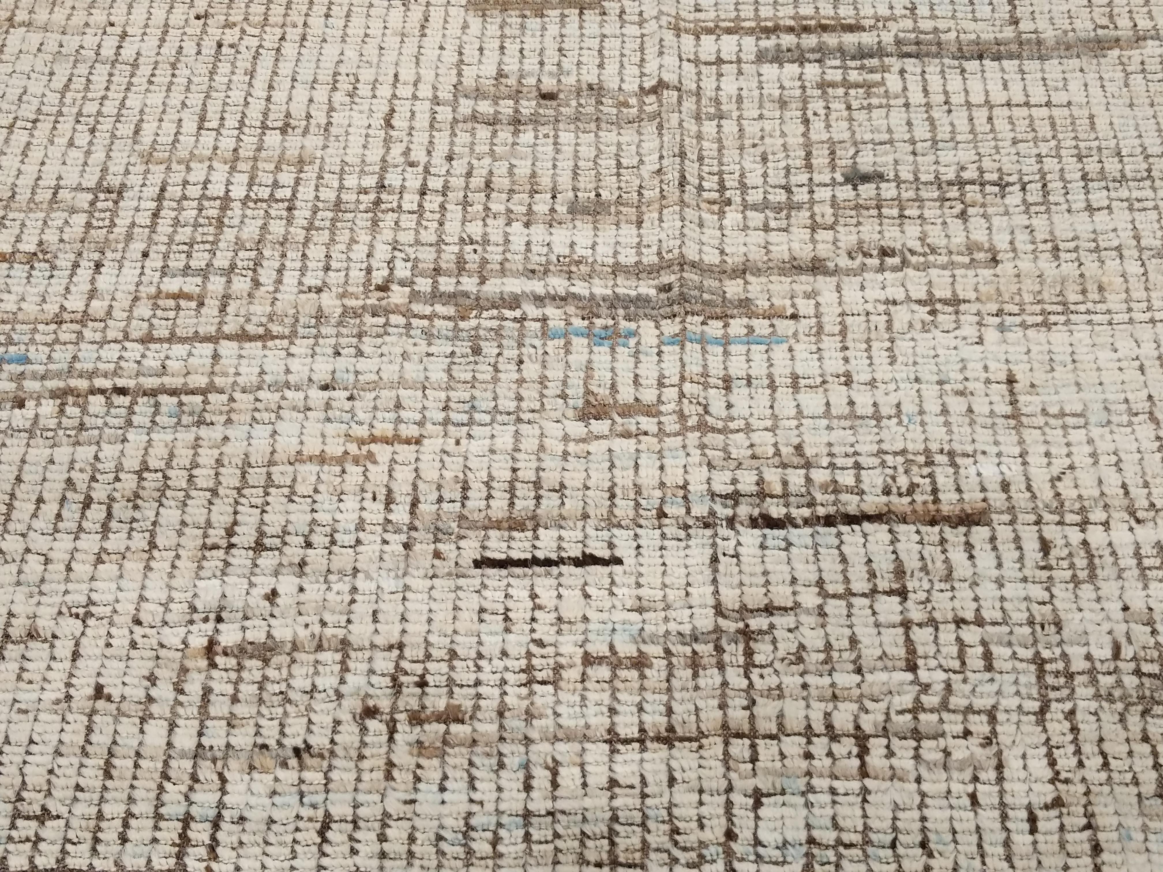 Tuareg Aqua is one of the most representative pieces from our contemporary Moroccan rug collection. The infinite repeat pattern aspires at expressing the texture of antiquity by means of a slightly distressed effect . This is reflected in the